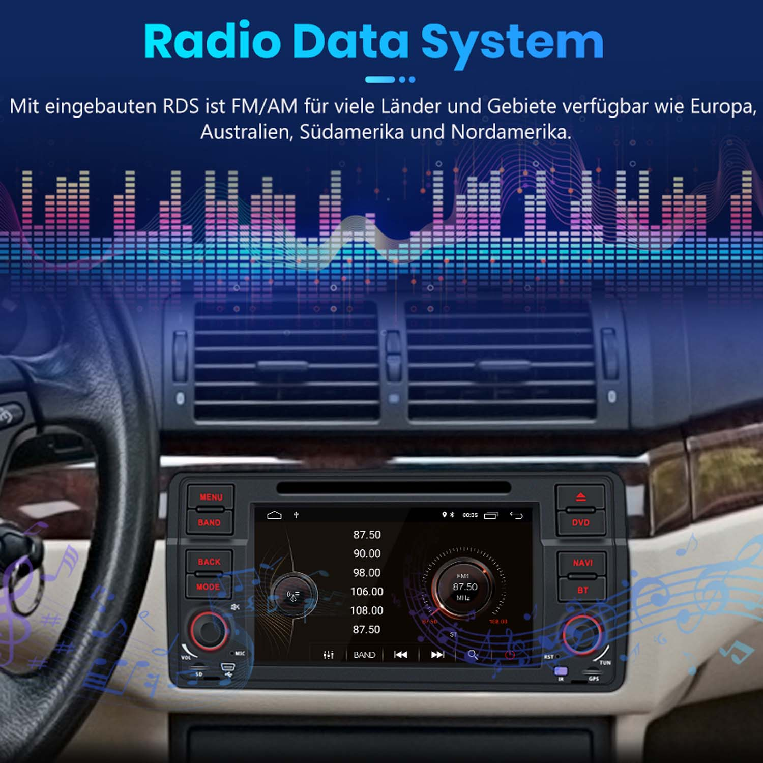 Radio-Display mit Frequenzanzeige und Equalizer-Grafik.