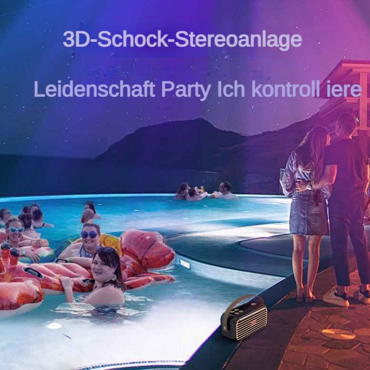 Menschen schwimmen nachts in einem Pool, ein tragbarer Lautsprecher steht daneben.