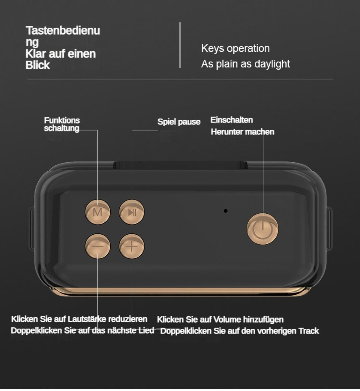 Ein schwarzes Gerät mit goldenen Tasten und Beschriftungen für Funktionen.