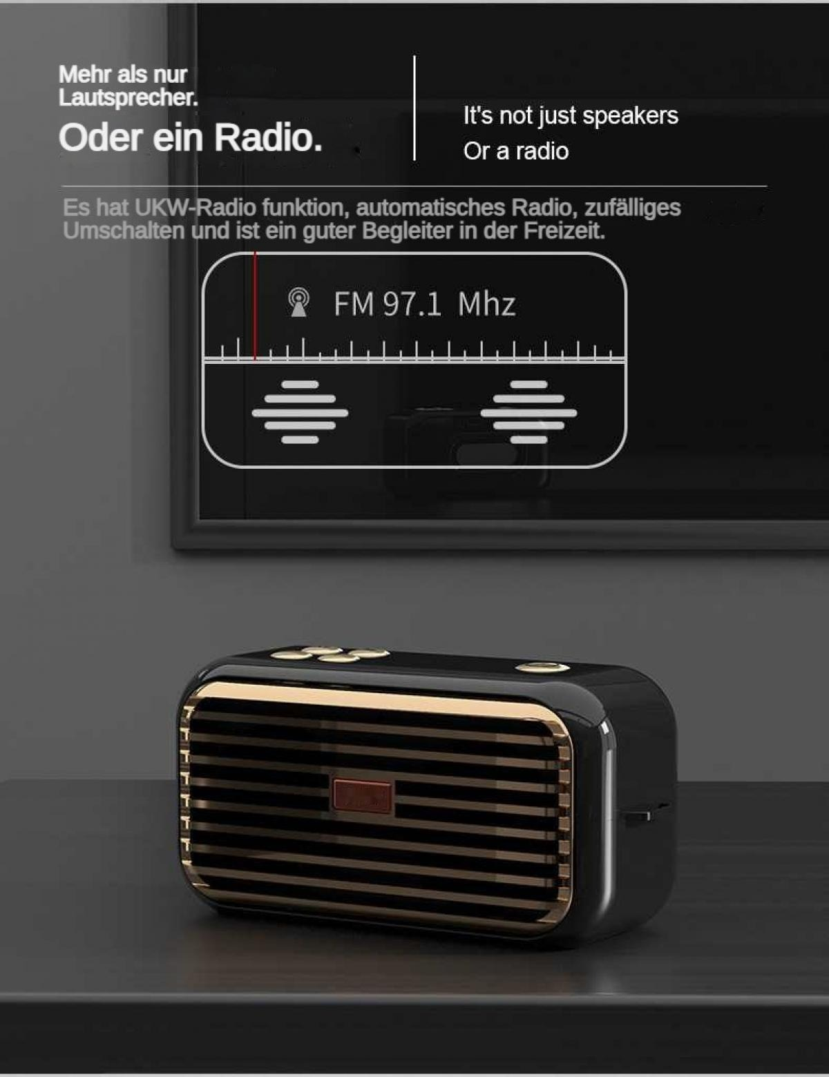Ein schwarzer Lautsprecher mit goldenen Akzenten und FM-Radio-Anzeige.