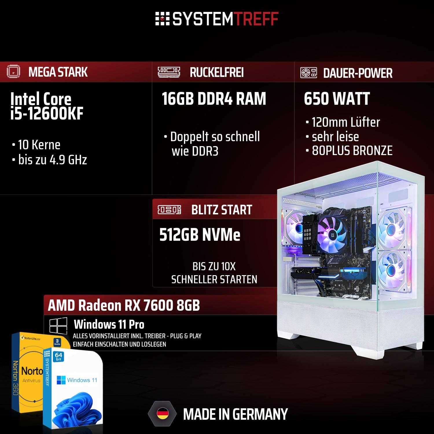 Gaming PC mit Intel i5, 16GB RAM, 512GB NVMe, AMD RX 7600, Windows 11 Pro.
