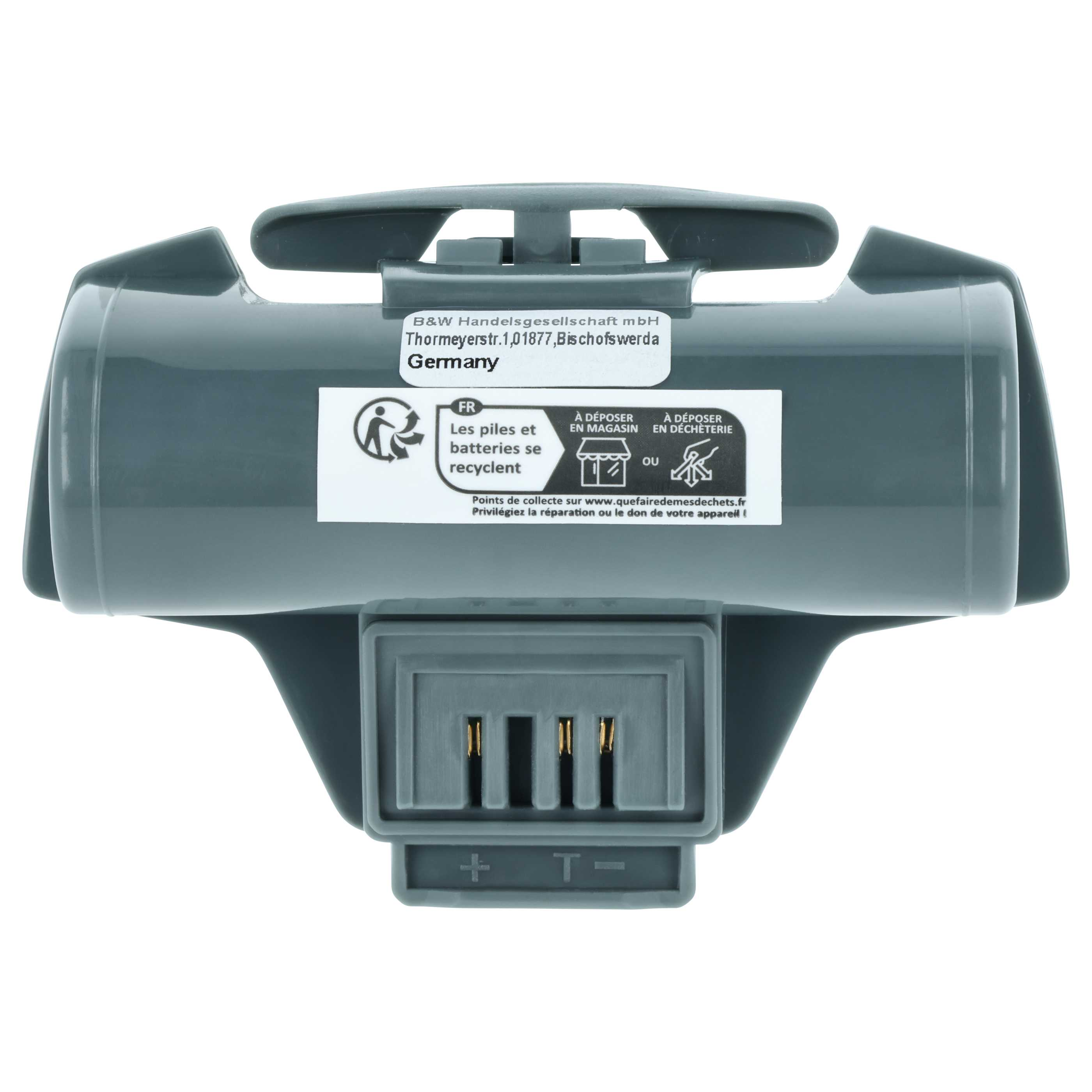 Grauer Batteriehalter mit Beschriftung und Anschlüssen. Recycling-Hinweis.