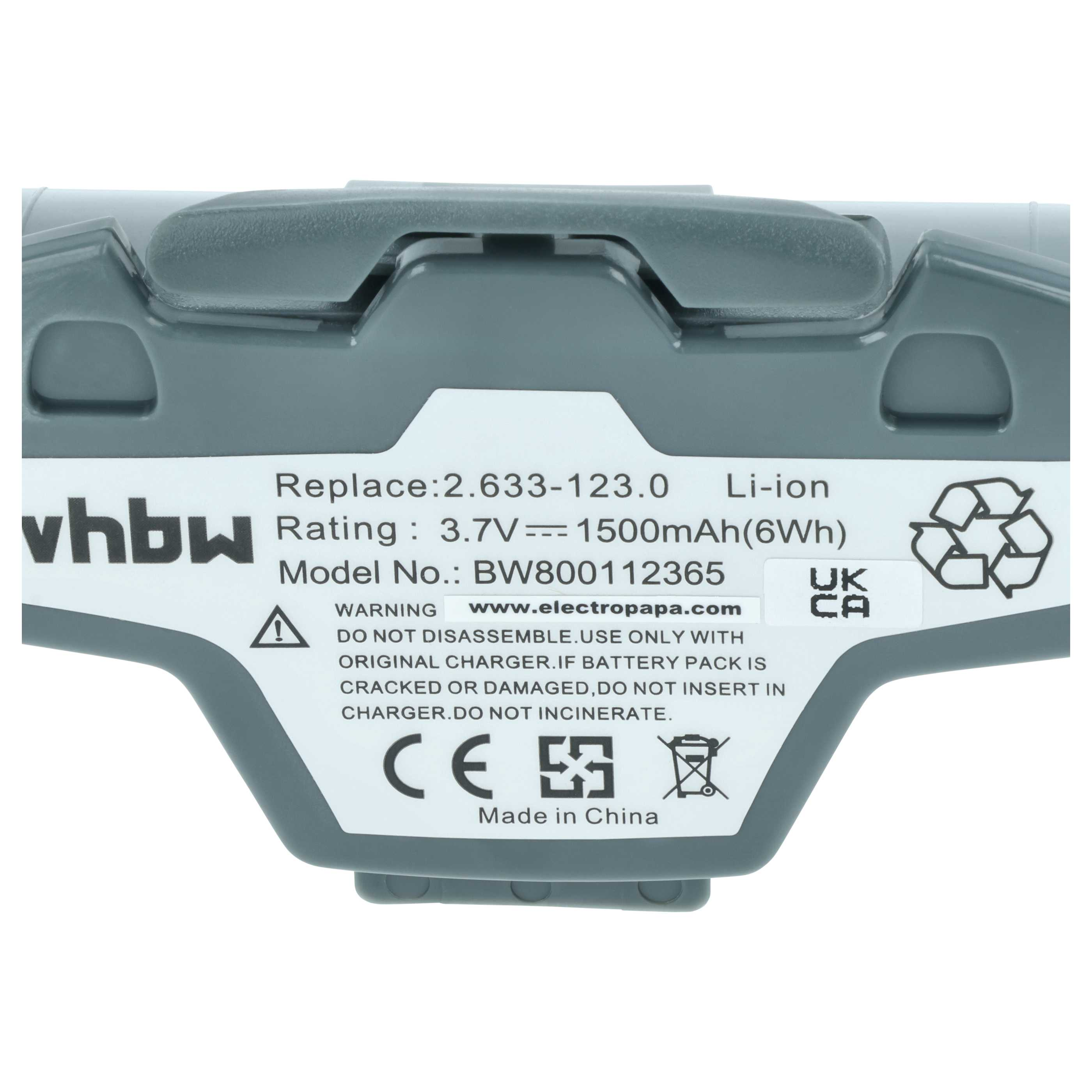 Grauer Akku mit weißem Aufkleber: vhbw, 3,7V, 1500mAh. Made in China.