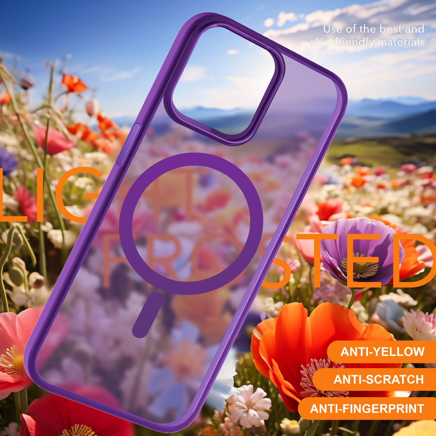 Lila Handyhülle mit Magnetring auf einem Feld bunter Blumen.