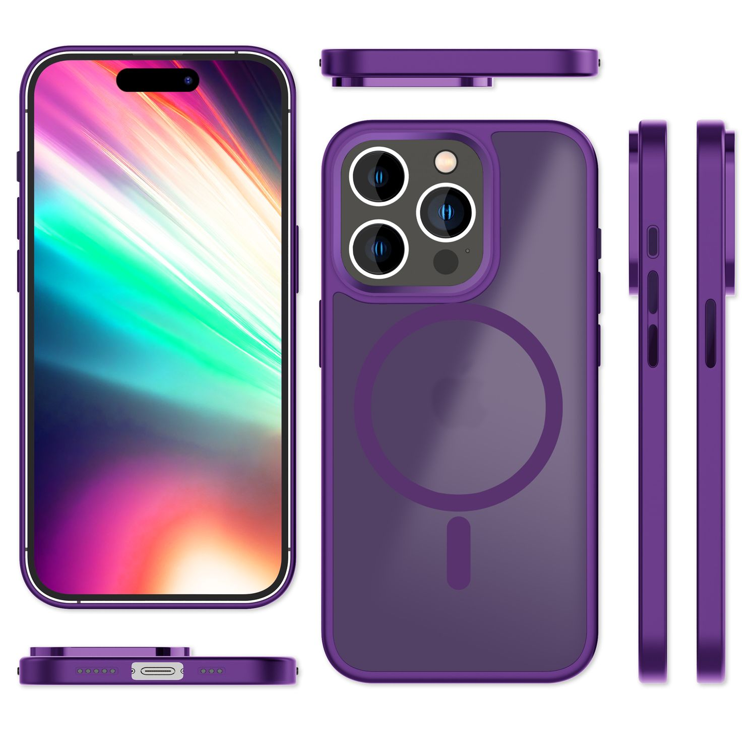 Lila iPhone-Hülle mit Kameraausschnitt und MagSafe-Ring. Vorder-, Rück- und Seitenansicht.