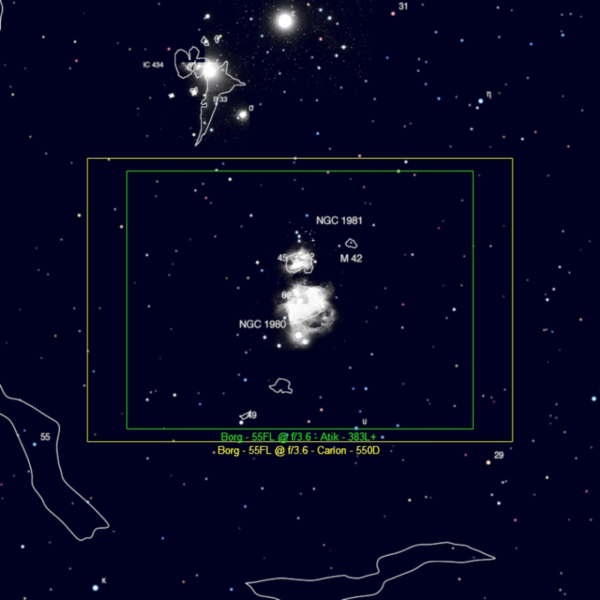 Sternenfeld mit Nebeln, markiert durch Linien und Beschriftungen wie NGC 1981.