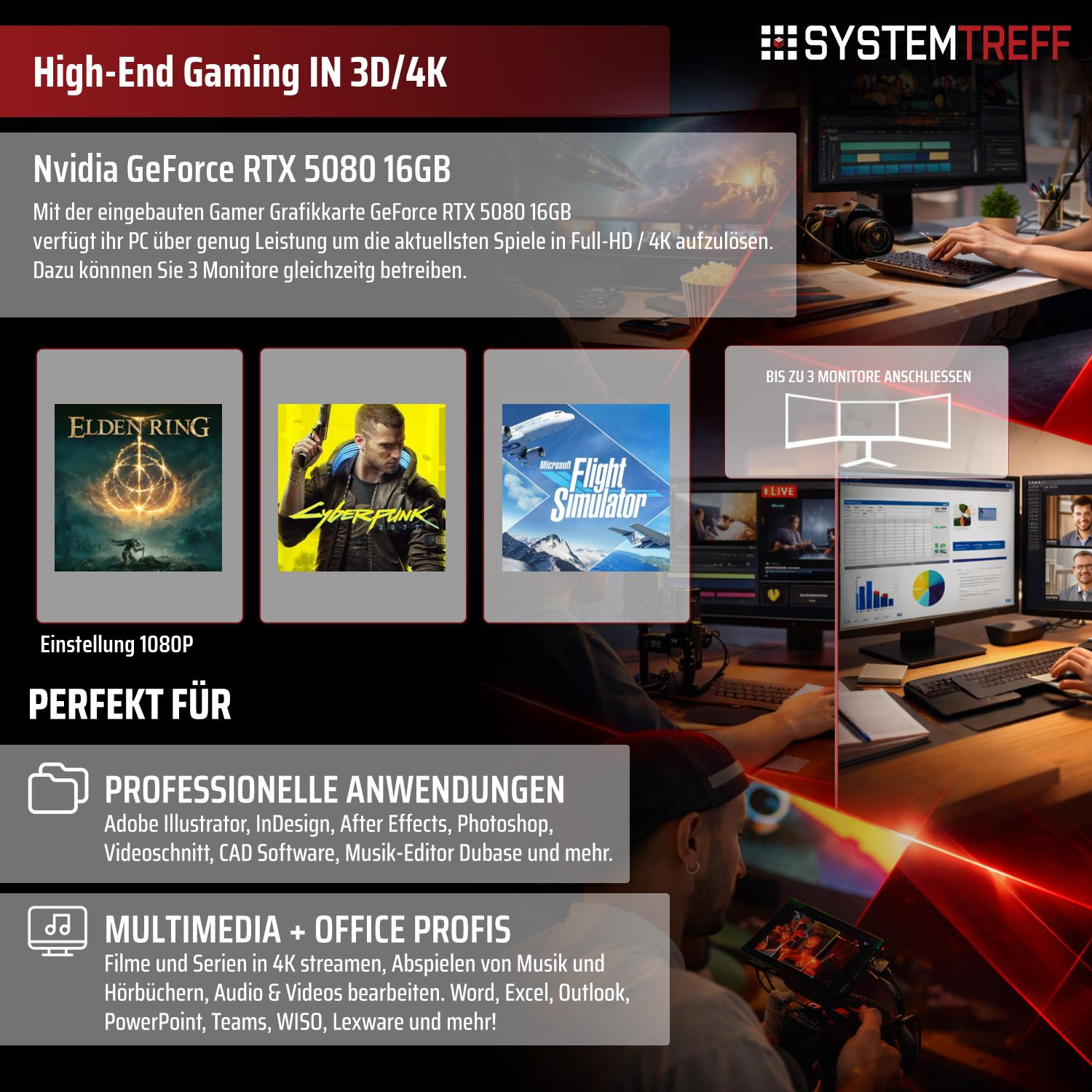 PC mit RTX 5080 für Gaming, 3 Monitore, professionelle Anwendungen & Multimedia.