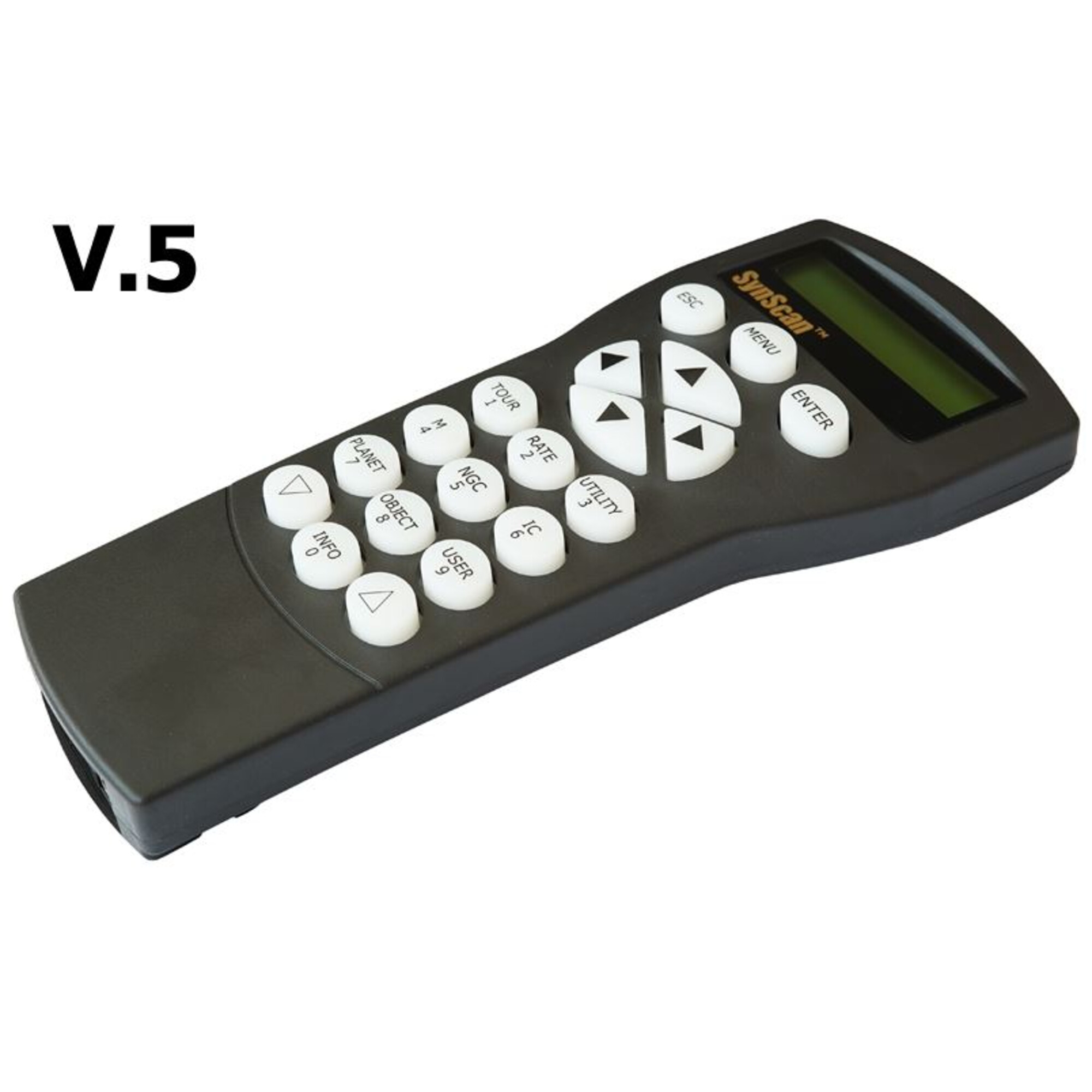 Schwarzer SynScan Handcontroller mit grüner LCD-Anzeige und weißen Tasten.