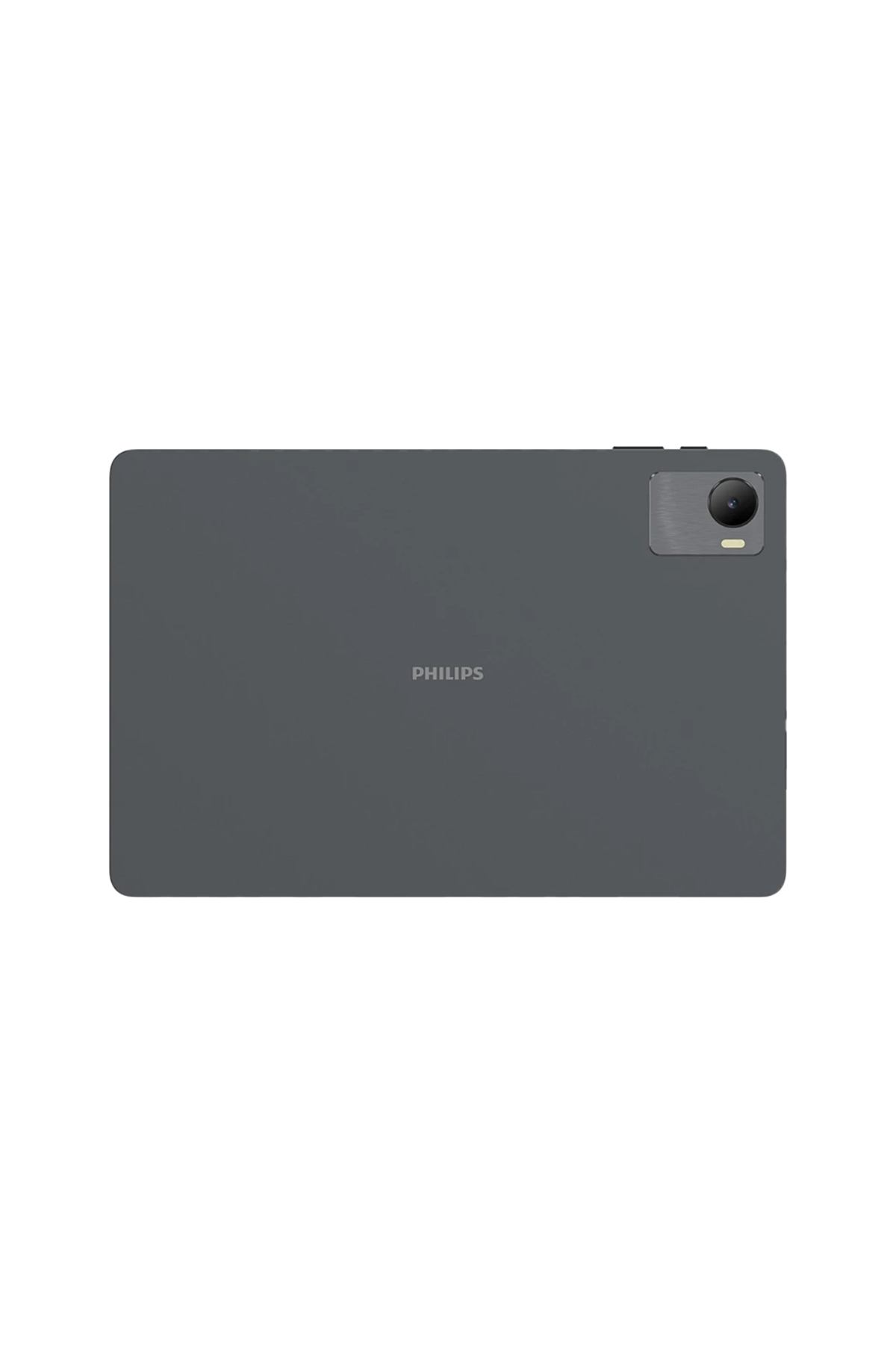 Kamera ve flaşlı gri Philips tabletin arkası.