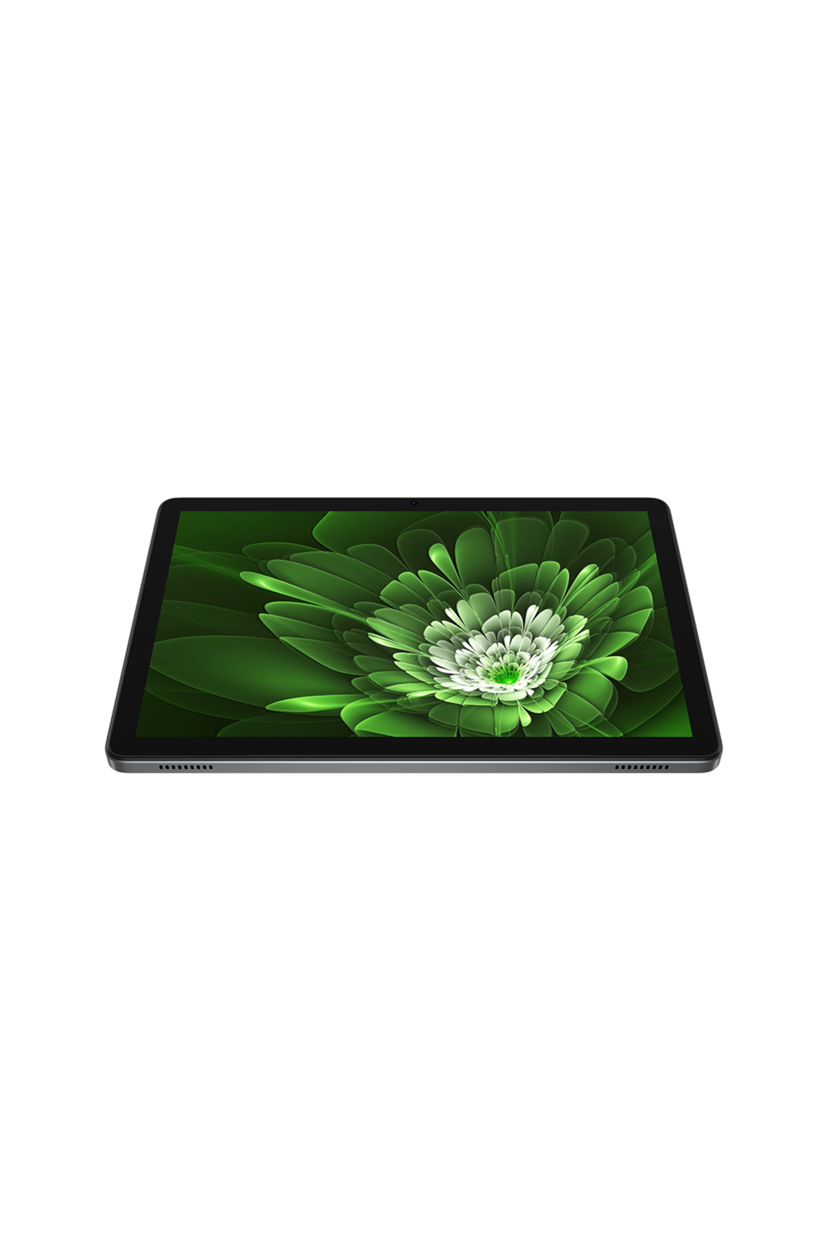Ekranında yeşil çiçek deseni bulunan gri bir tablet.