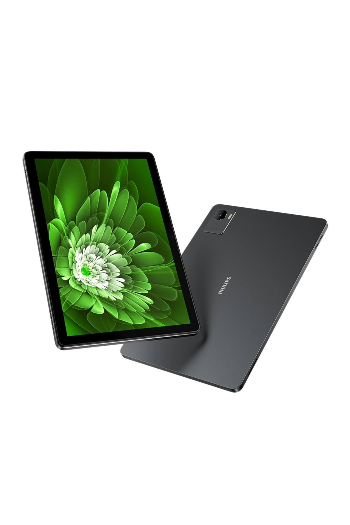 Arkada kamerası olan, yeşil çiçekli duvar kağıdı gösteren koyu renk tablet.