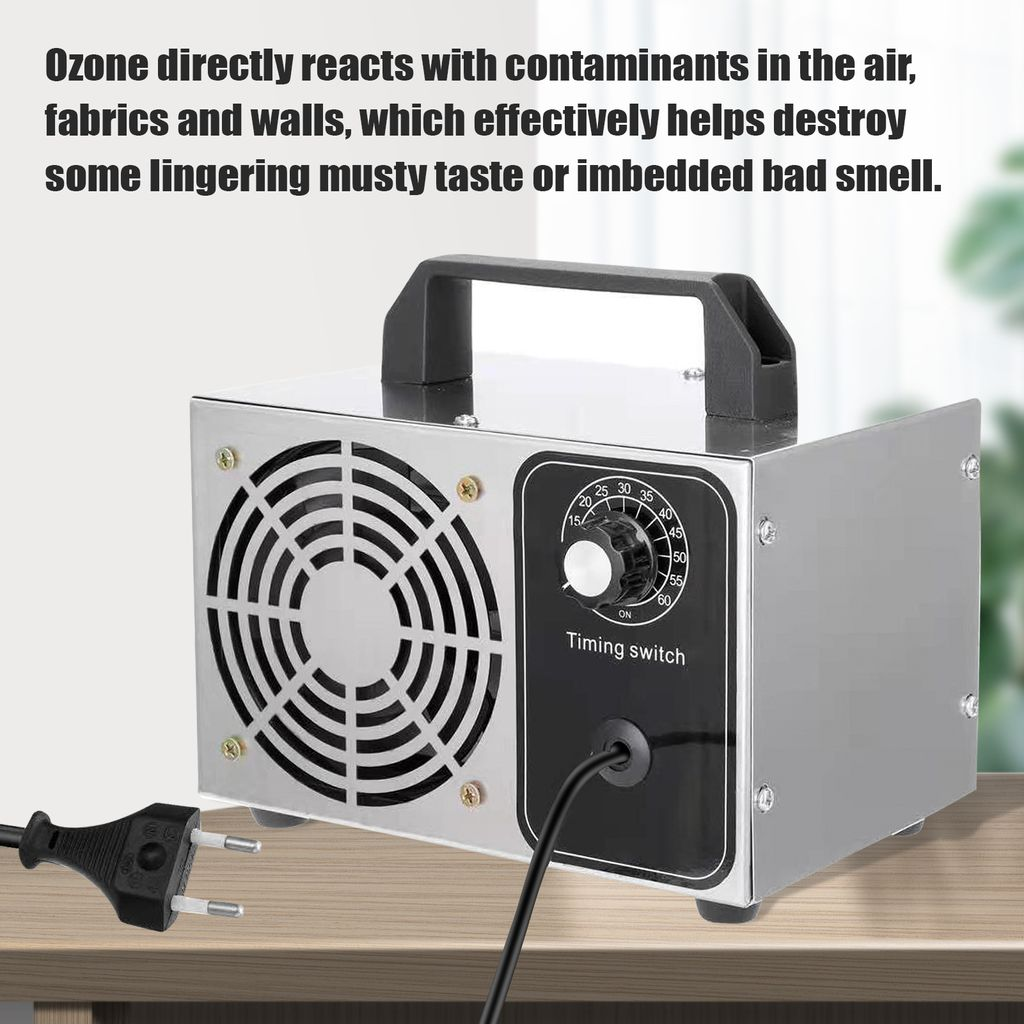 Ein silberner Ozongenerator mit Lüfter und Timing-Schalter.