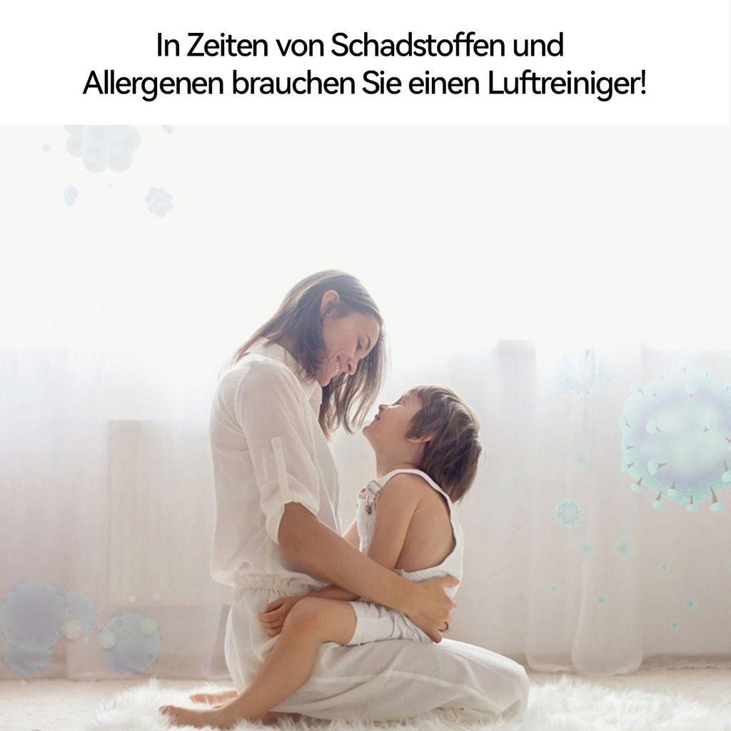 Mutter und Kind umarmen sich, umgeben von Viren und Allergenen.