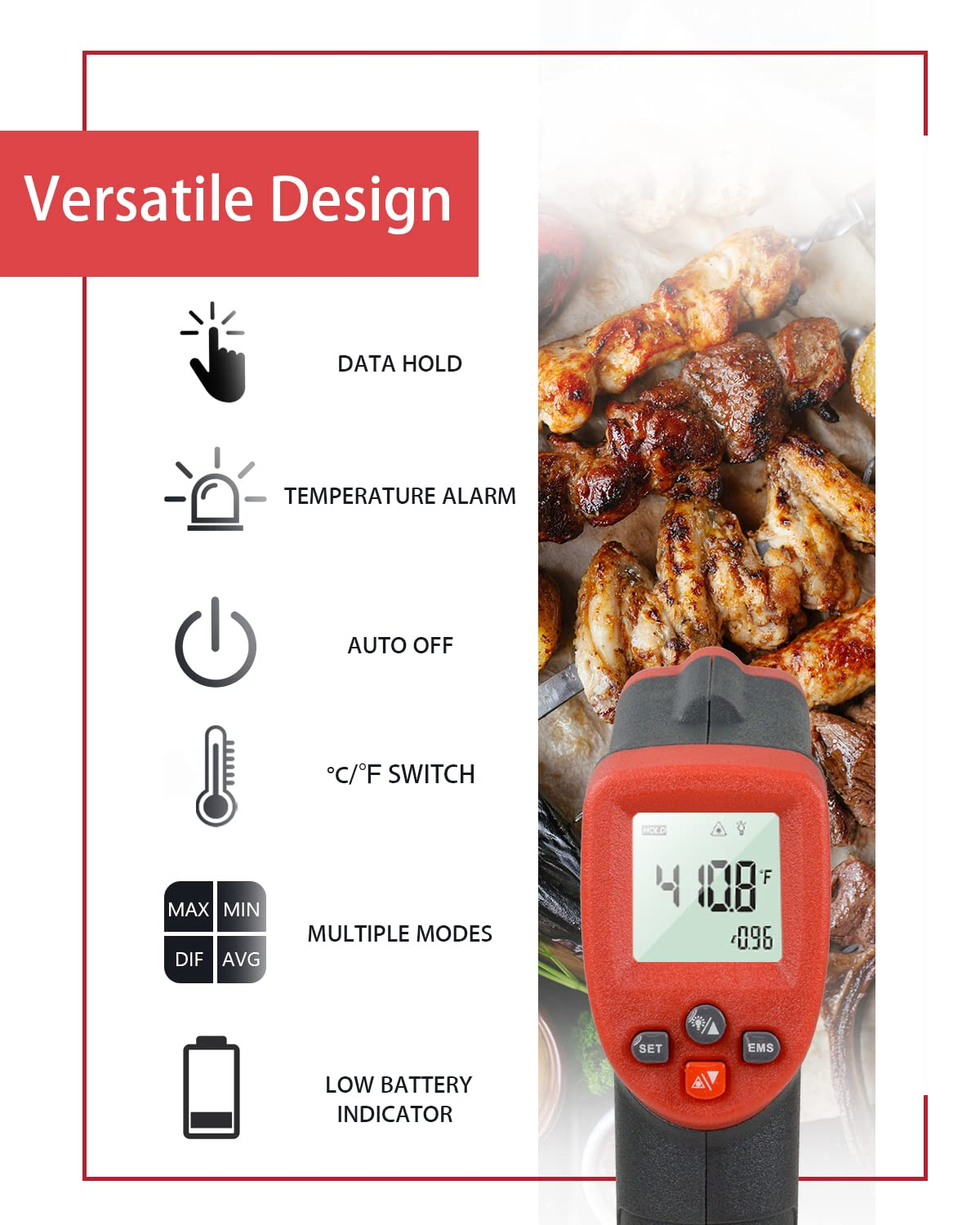 Ein rotes Thermometer misst die Temperatur von gegrilltem Fleisch auf einem Teller.