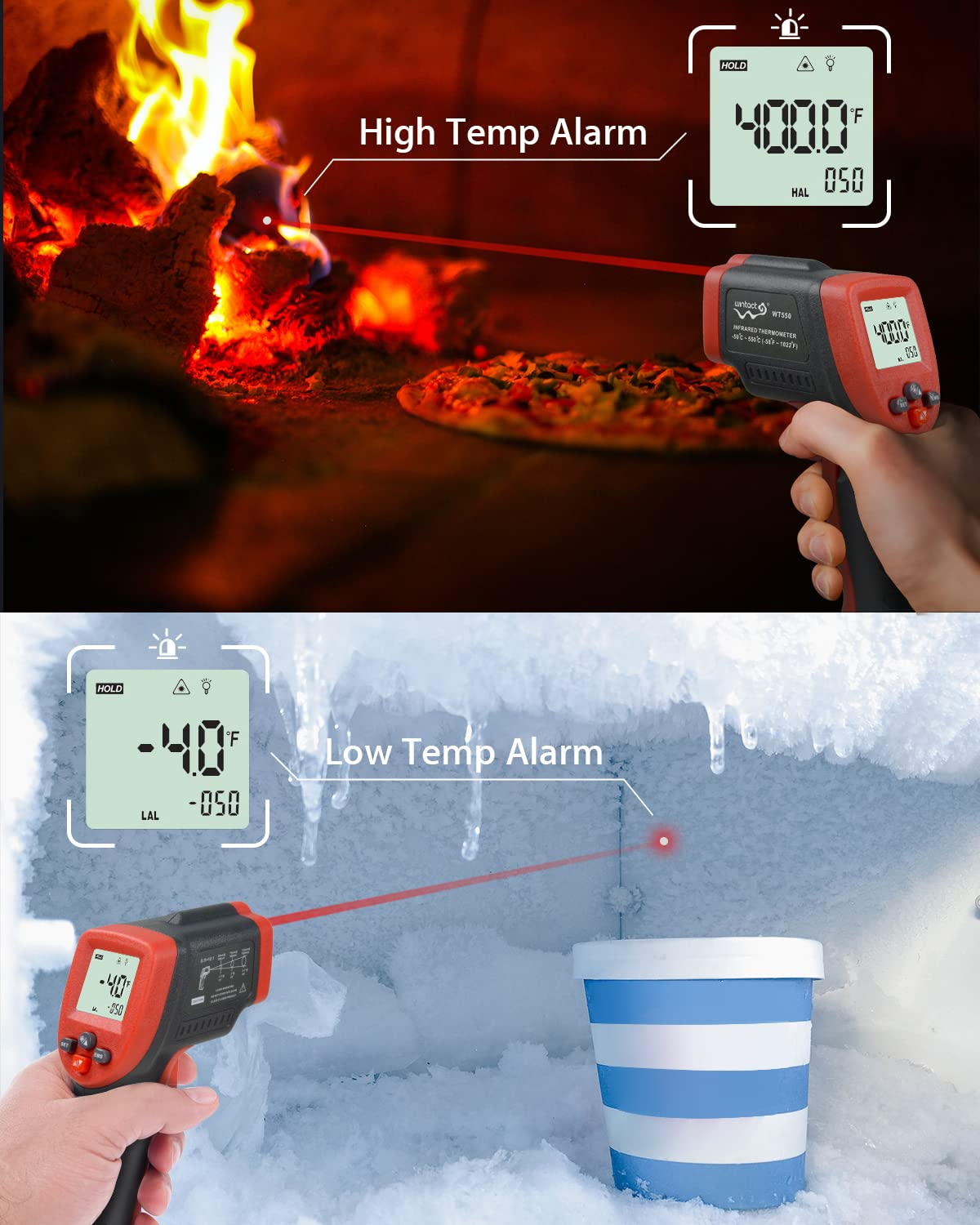 Ein Thermometer misst hohe und niedrige Temperaturen in einem Ofen und Gefrierschrank.