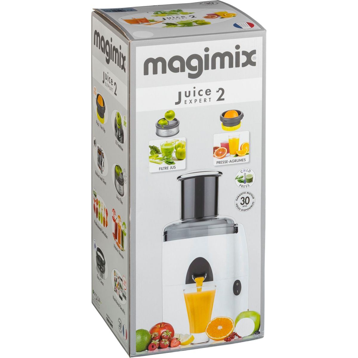 Magimix Juice Expert 2 Karton zeigt Entsafter, Früchte und Saft im Glas. Kaltpressfunktion hervorgehoben.