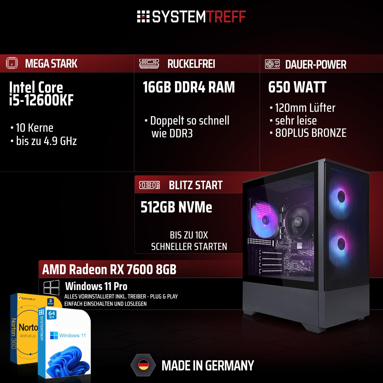 Ein PC mit Intel Core i5, 16GB DDR4 RAM, 512GB NVMe SSD und AMD Radeon RX 7600.