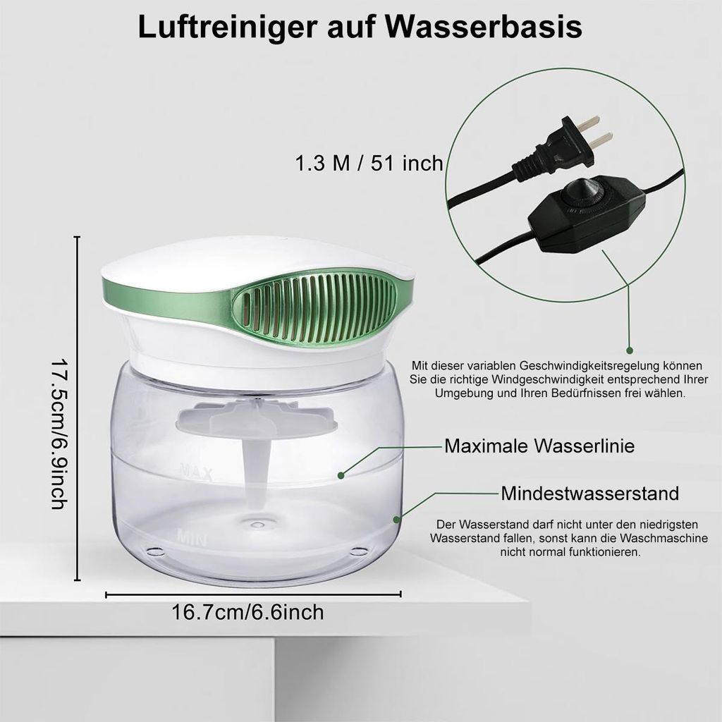 Weißer Luftreiniger auf Wasserbasis mit grünen Akzenten, Maße und Netzteil.