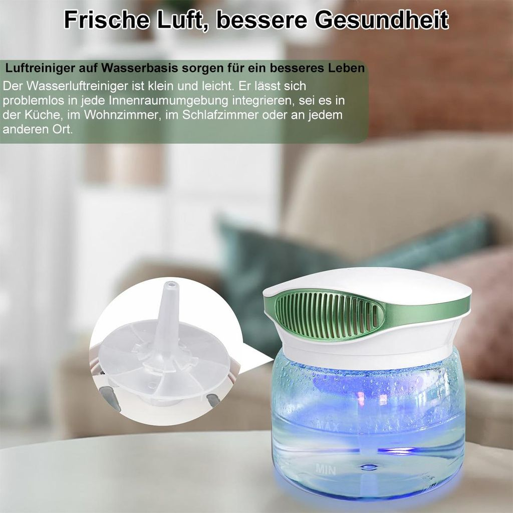 Ein weißer und grüner Luftreiniger mit blauem Wasser steht auf einem Tisch.