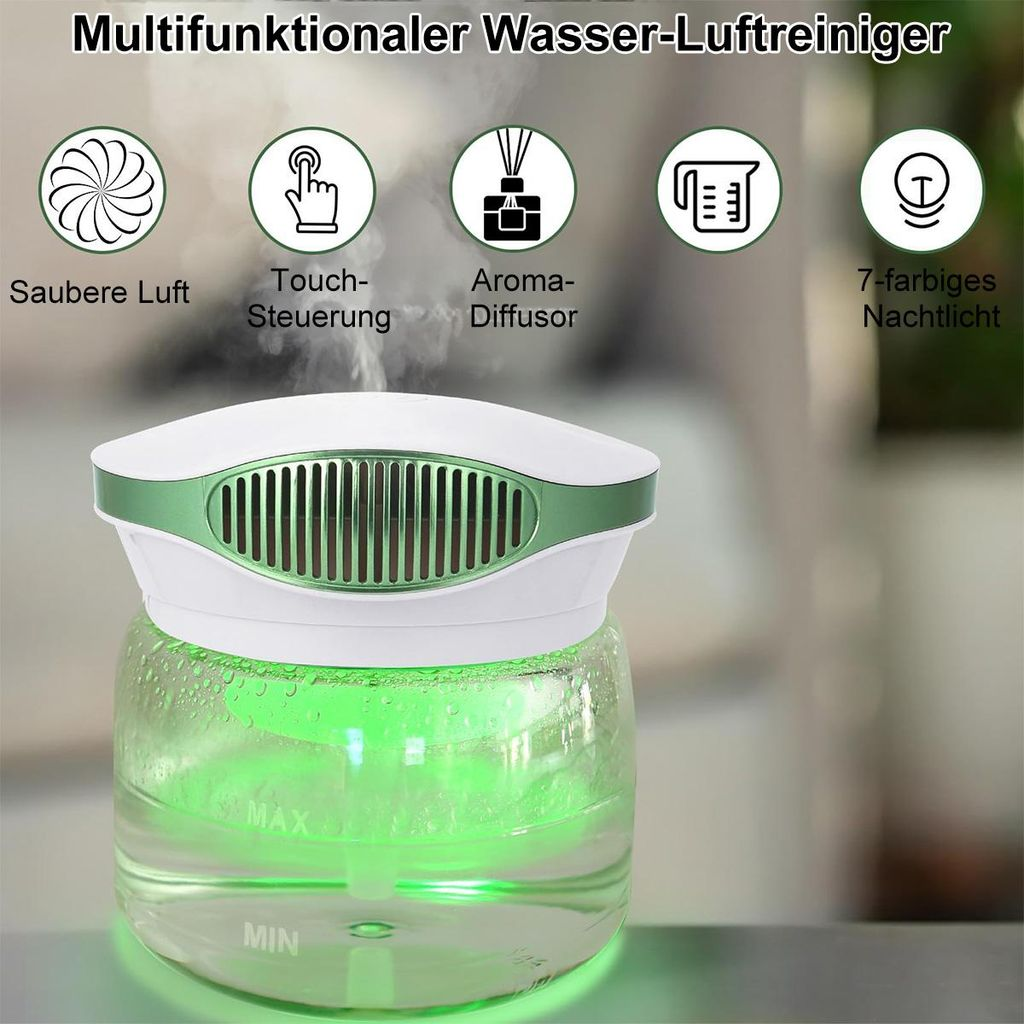 Multifunktionaler Wasser-Luftreiniger mit grüner LED-Beleuchtung.