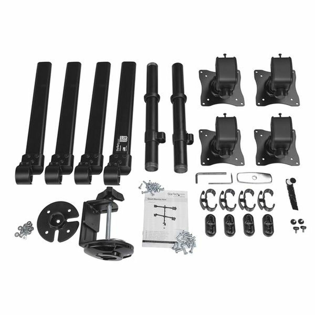 Ein schwarzes Monitorständer-Kit mit Armen, Stangen, VESA-Halterungen, Klemme, Schrauben und Handbuch.