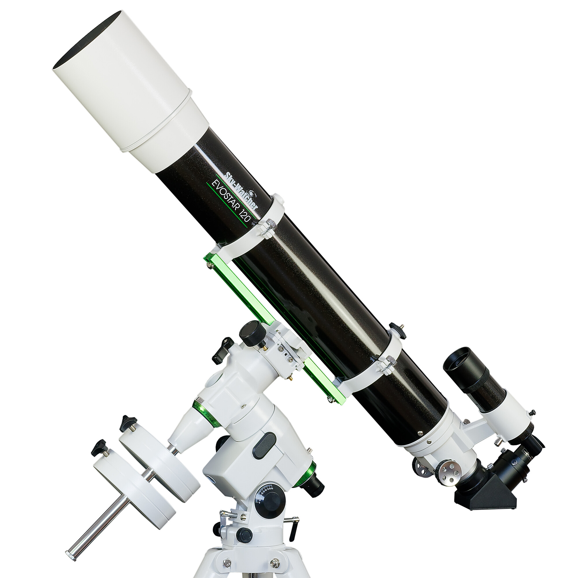 Ein schwarz-weißes Sky-Watcher Evostar 120 Teleskop auf einer weißen äquatorialen Montierung.