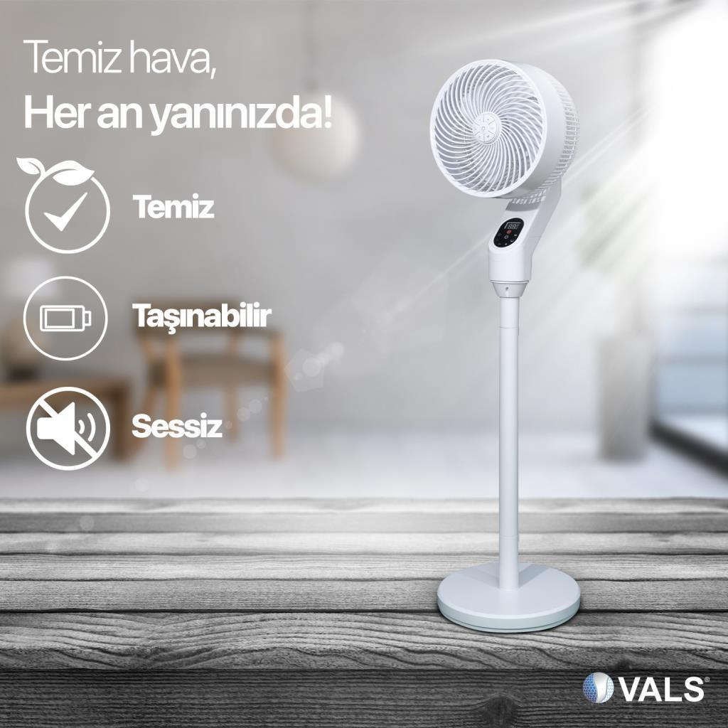 Ahşap masa üzerinde duran beyaz vantilatör, arkası bulanık.