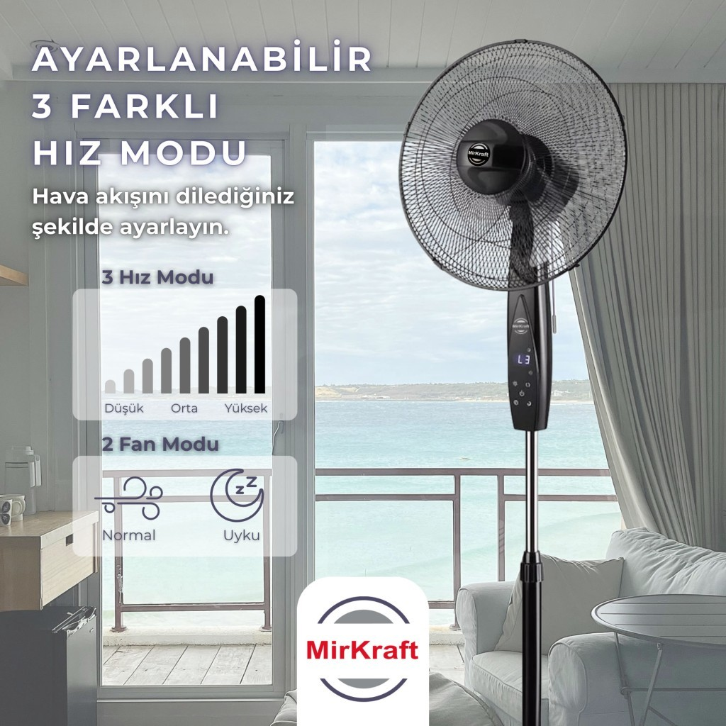 Üç hız modu ve iki fan modu olan siyah bir vantilatör, deniz manzarasına karşı.