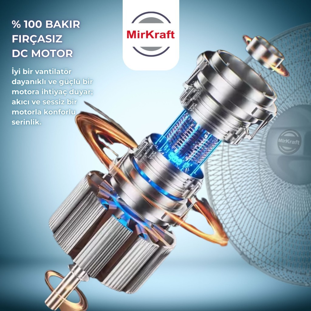 Mavi aydınlatmalı %100 bakır fırçasız DC motor, yakın çekim.