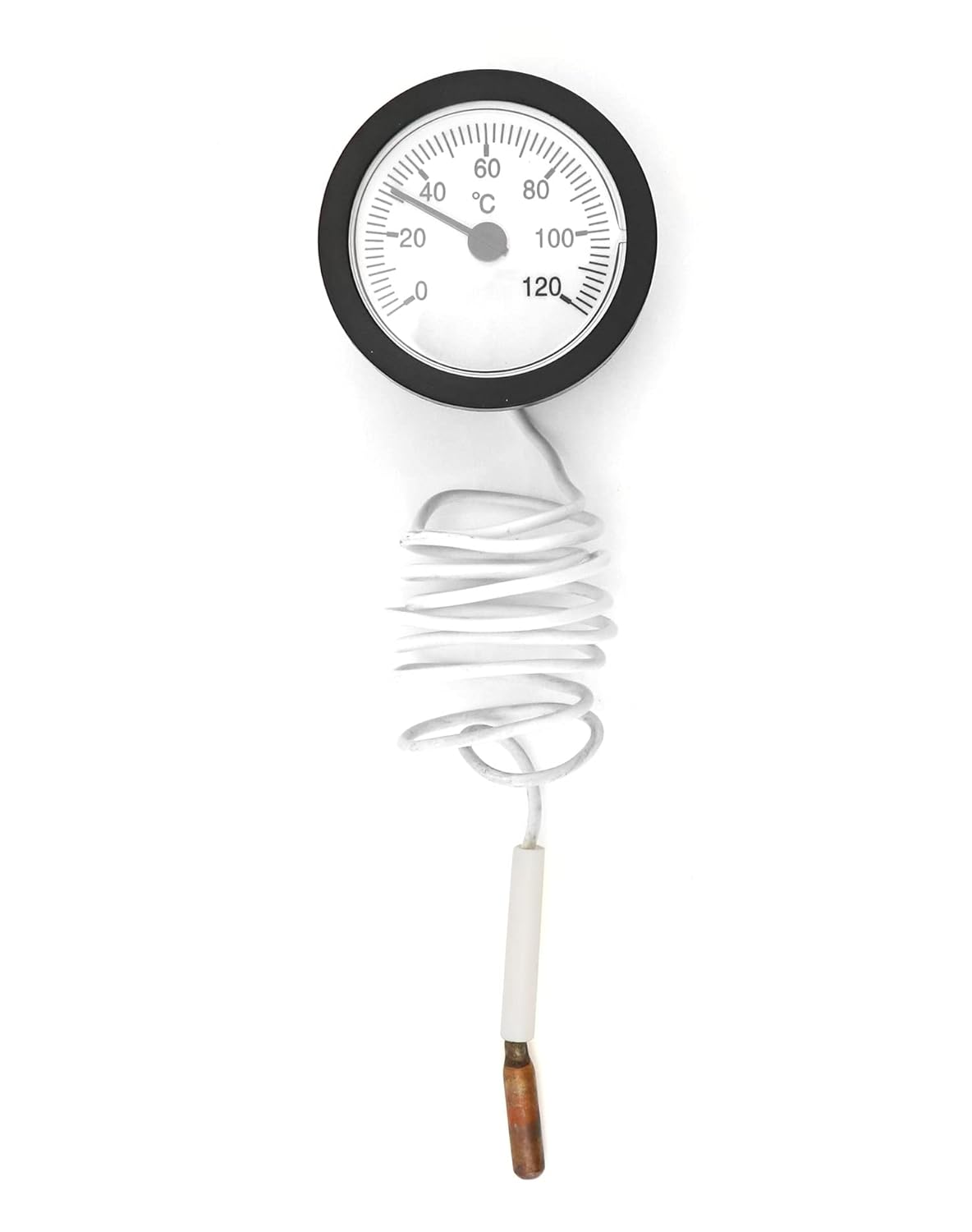 Ein Thermometer mit weißem Zifferblatt und schwarzem Gehäuse, das bis 120 °C reicht.