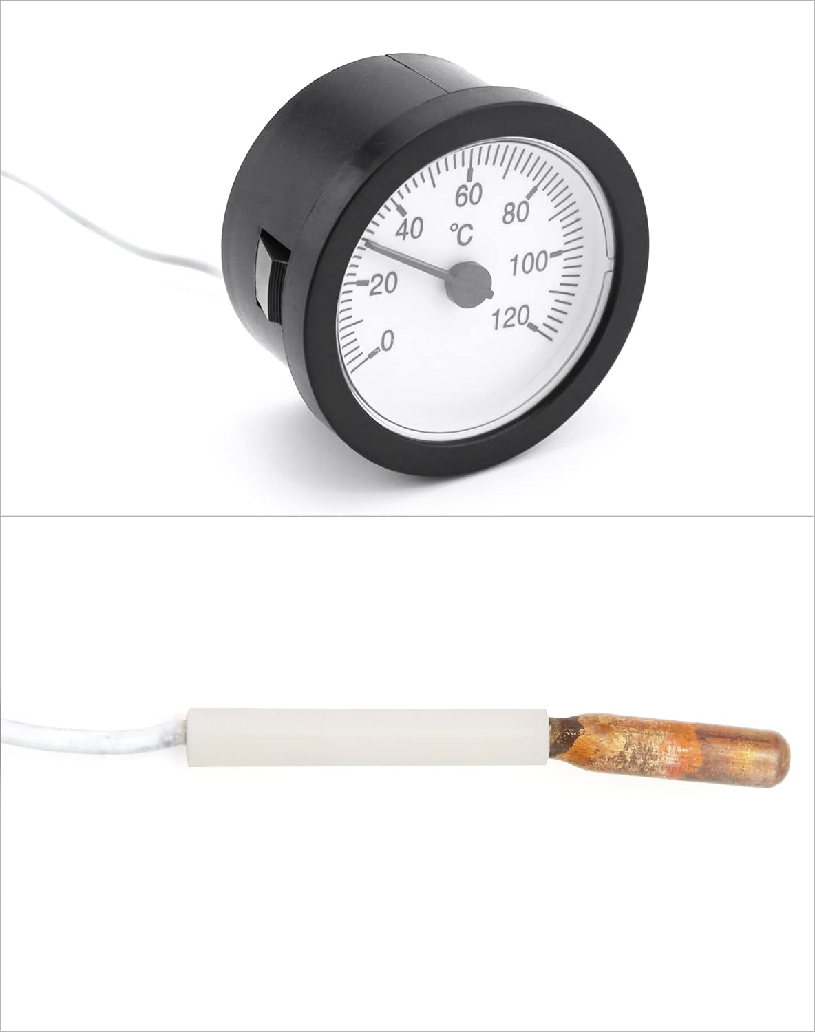 Ein Thermometer mit schwarzem Gehäuse und weißem Zifferblatt, das bis 120°C reicht.
