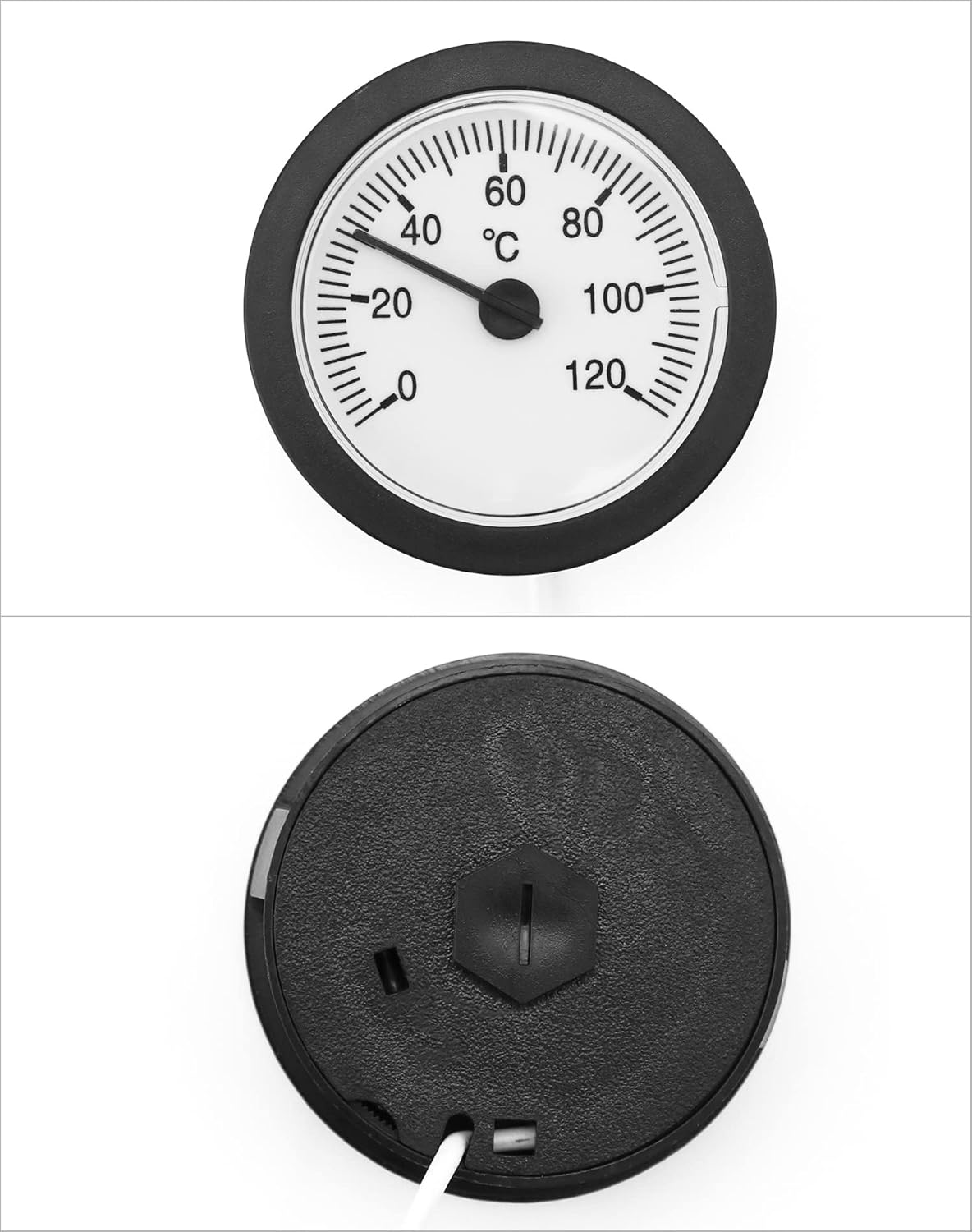 Ein Thermometer mit schwarzem Gehäuse und weißem Zifferblatt, das 25 Grad Celsius anzeigt.