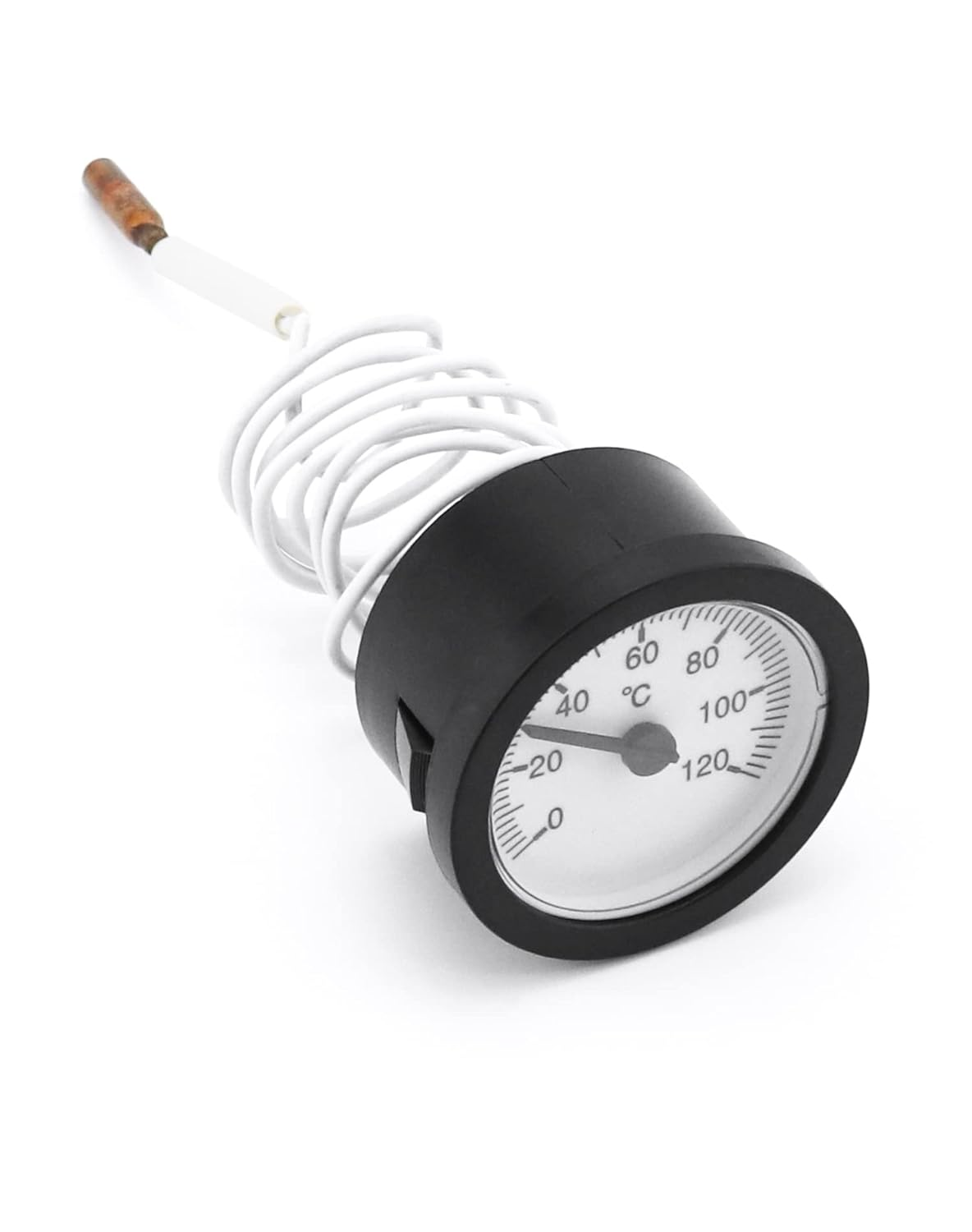 Ein Thermometer mit schwarzem Gehäuse, weißer Spirale und Metallsonde.