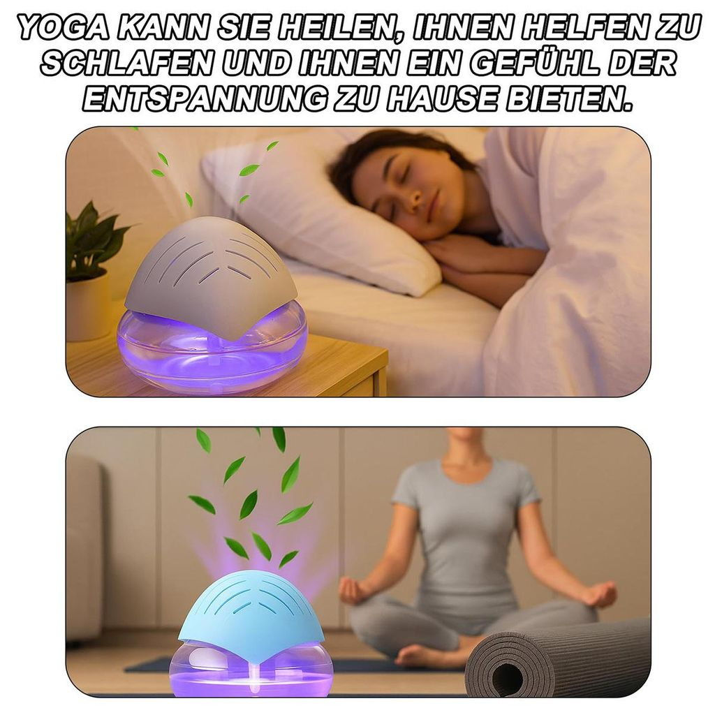 Ein Diffusor mit violettem Licht neben einer schlafenden Person und einer Yoga-Übenden.