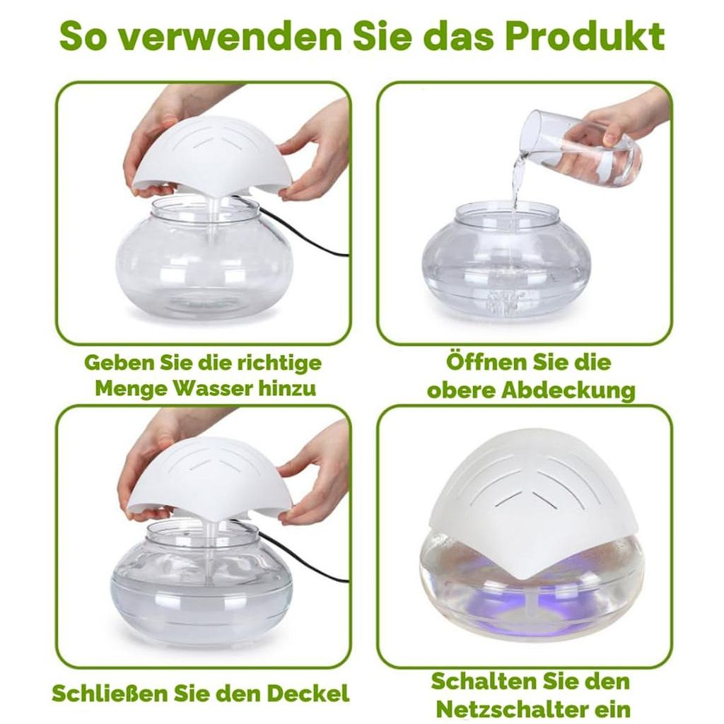Anleitung: Wasser einfüllen, Deckel öffnen, schließen und einschalten.