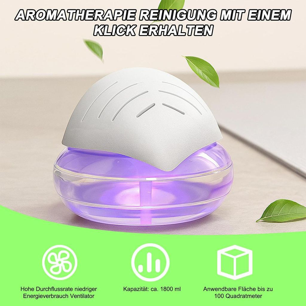 Ein weißer Aromatherapie-Luftreiniger mit lila Licht, der auf einem Tisch steht.