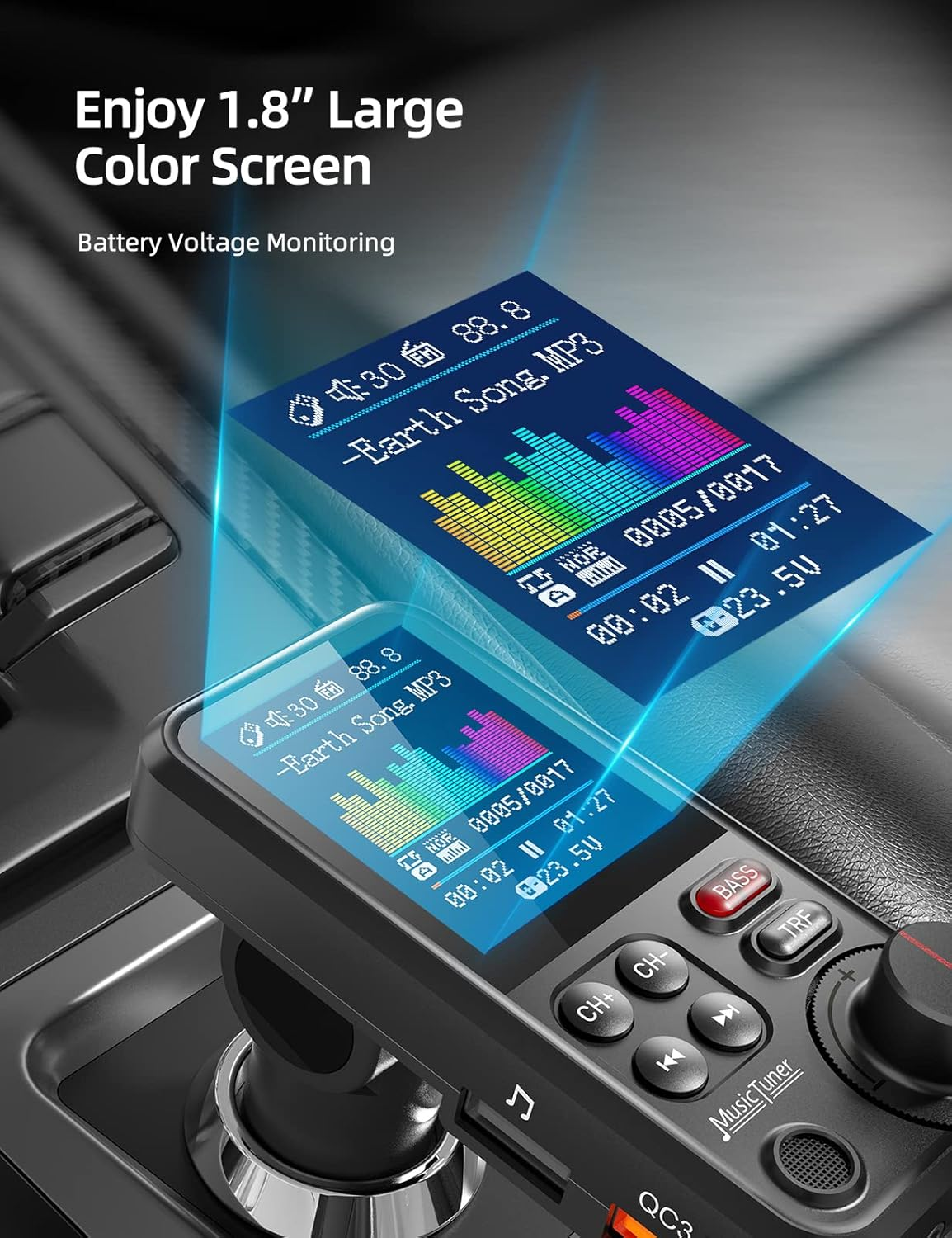 Ein Autoradio mit 1,8-Zoll-Farbbildschirm zeigt Songtitel und Equalizer.