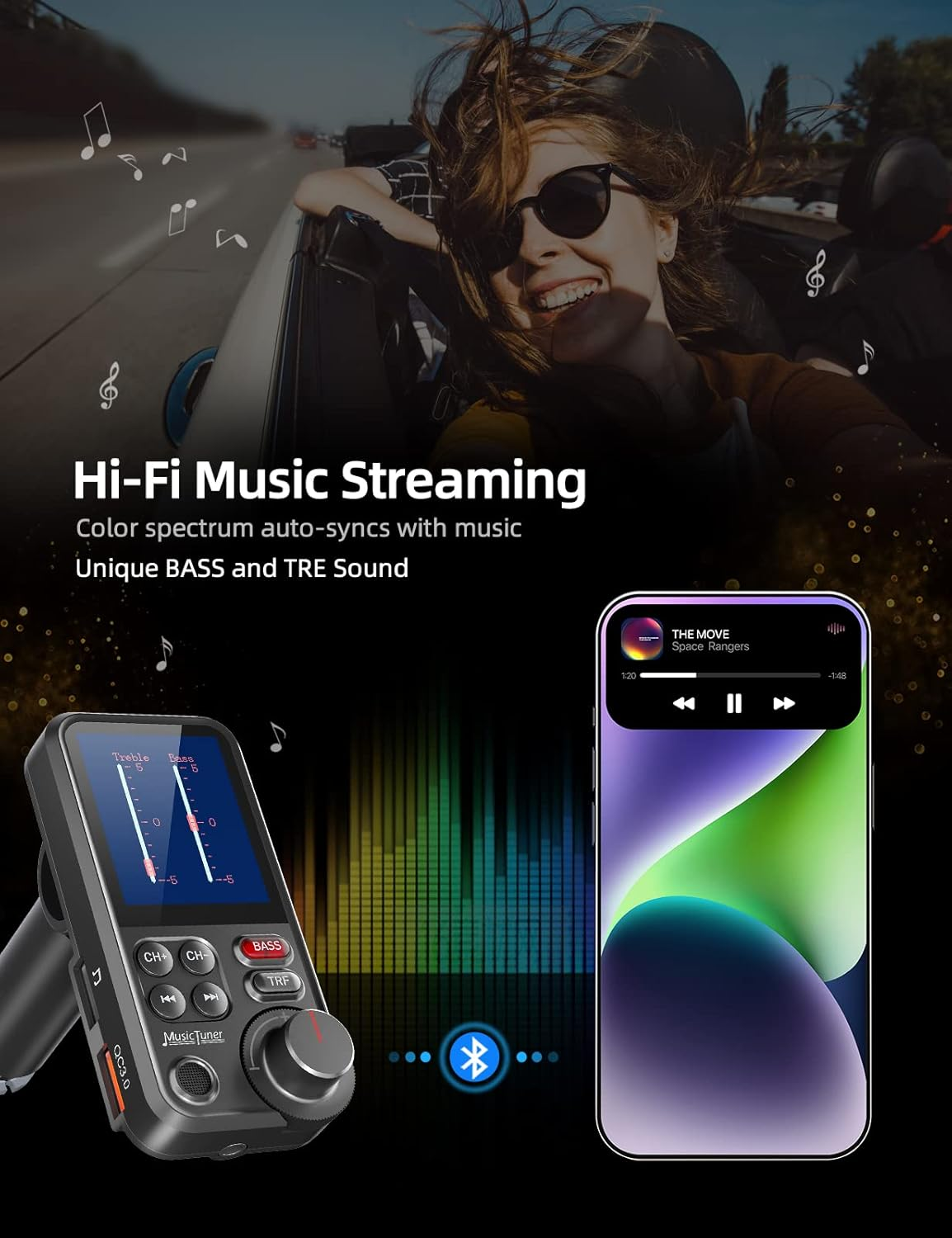 Frau im Auto hört Musik, neben einem Musik-Player und Smartphone mit Equalizer.