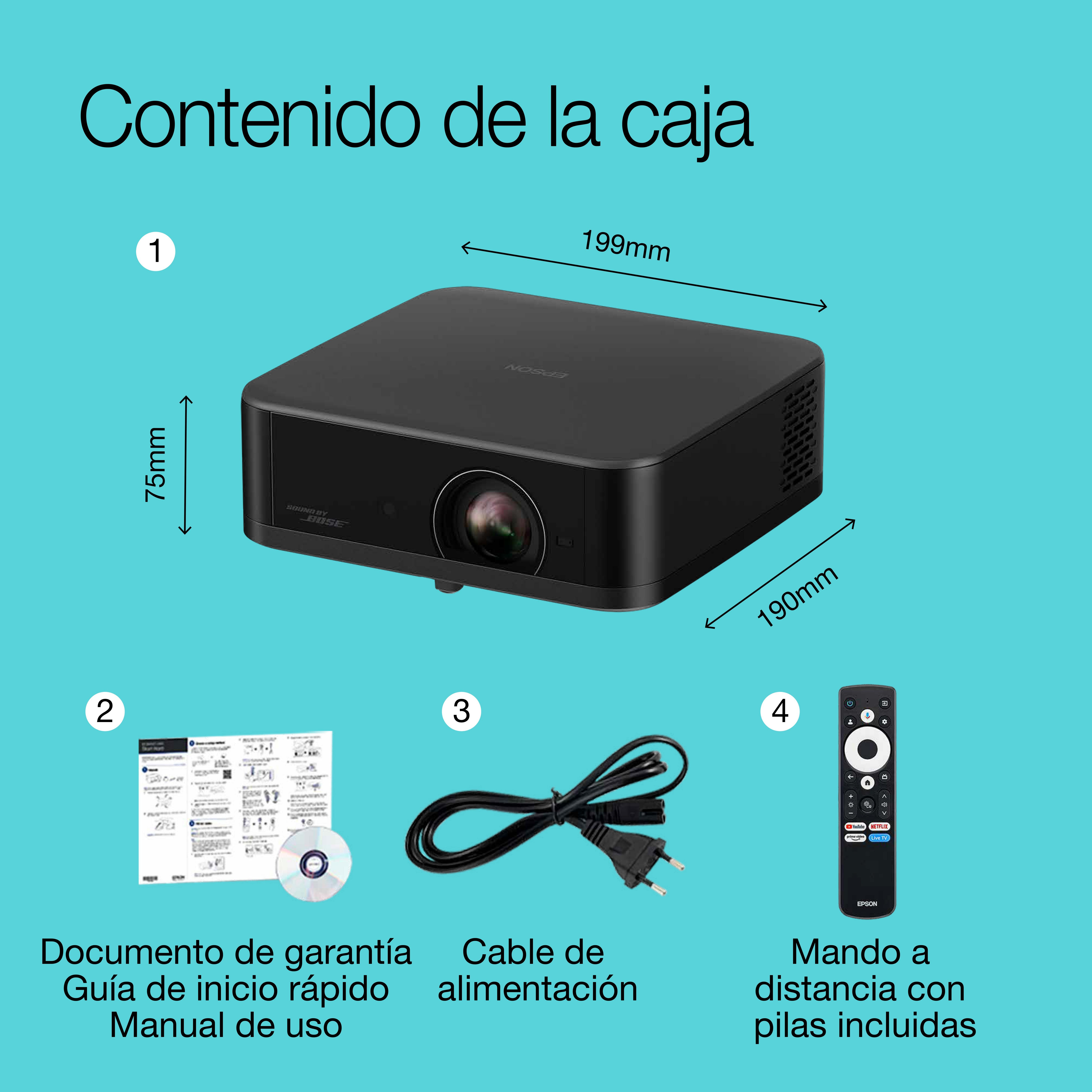Contenido de la caja: proyector, cable, mando y documentos.