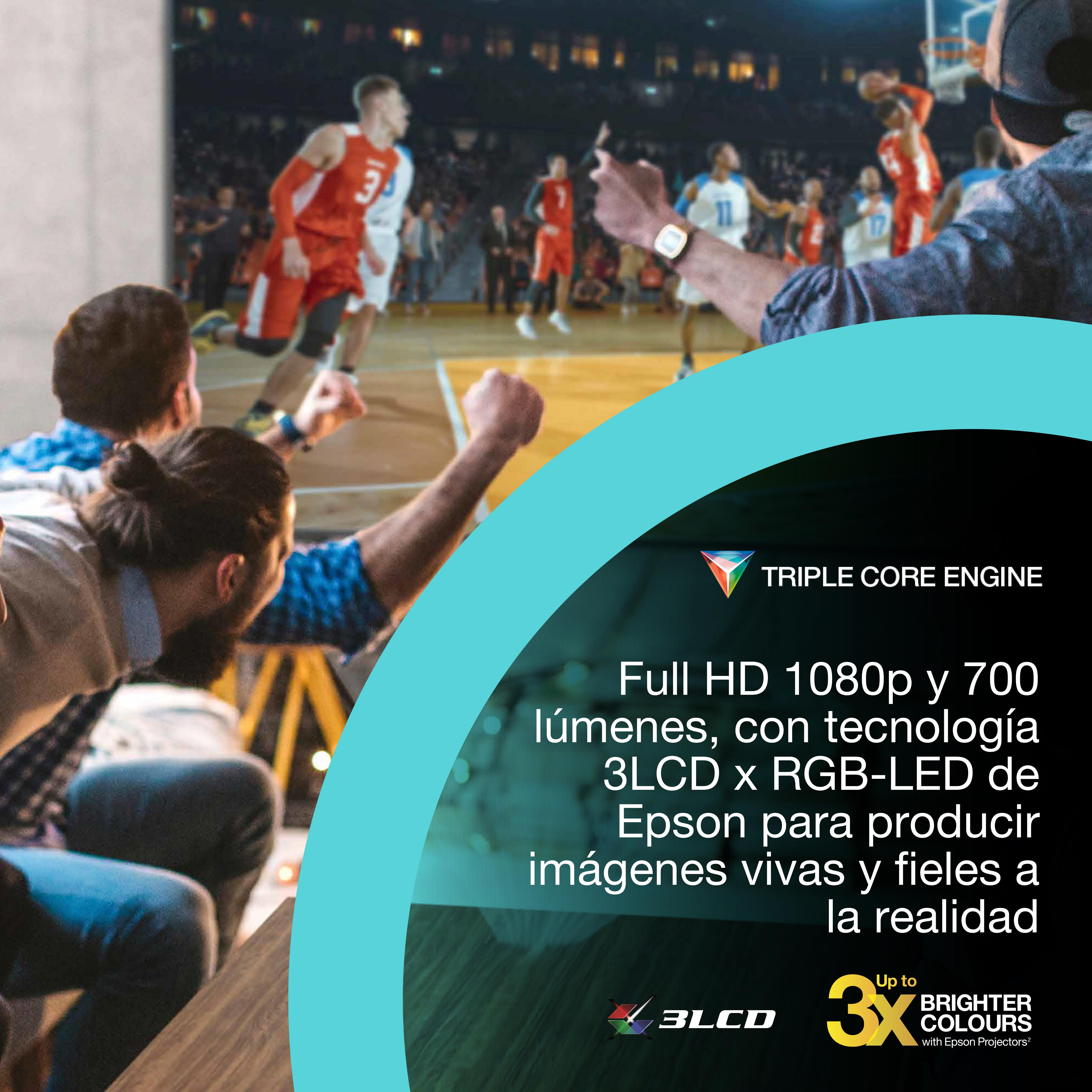 Partido de baloncesto con espectadores. Texto sobre proyectores Epson.