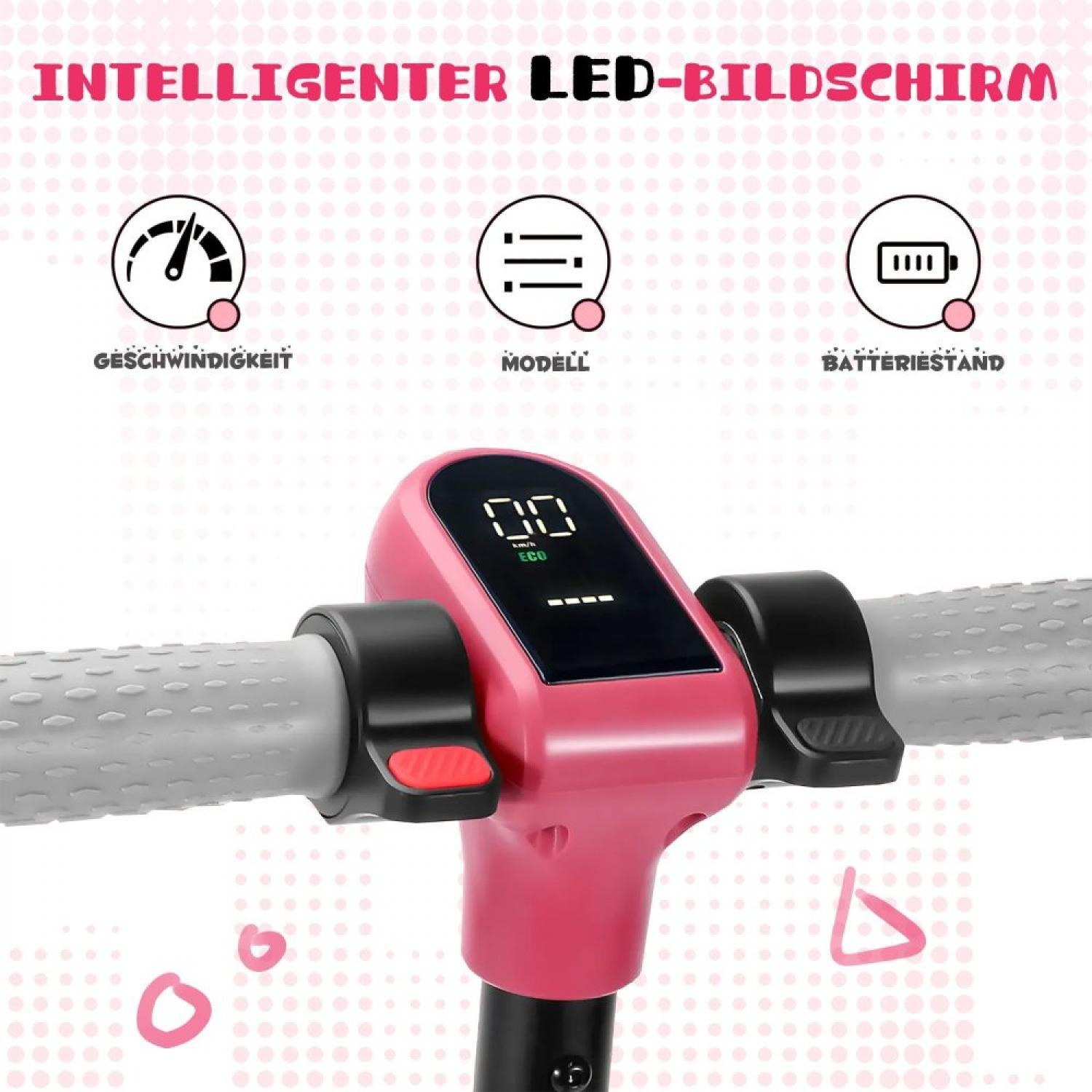 Nahaufnahme des Lenkers eines pinken Elektrorollers mit Display.