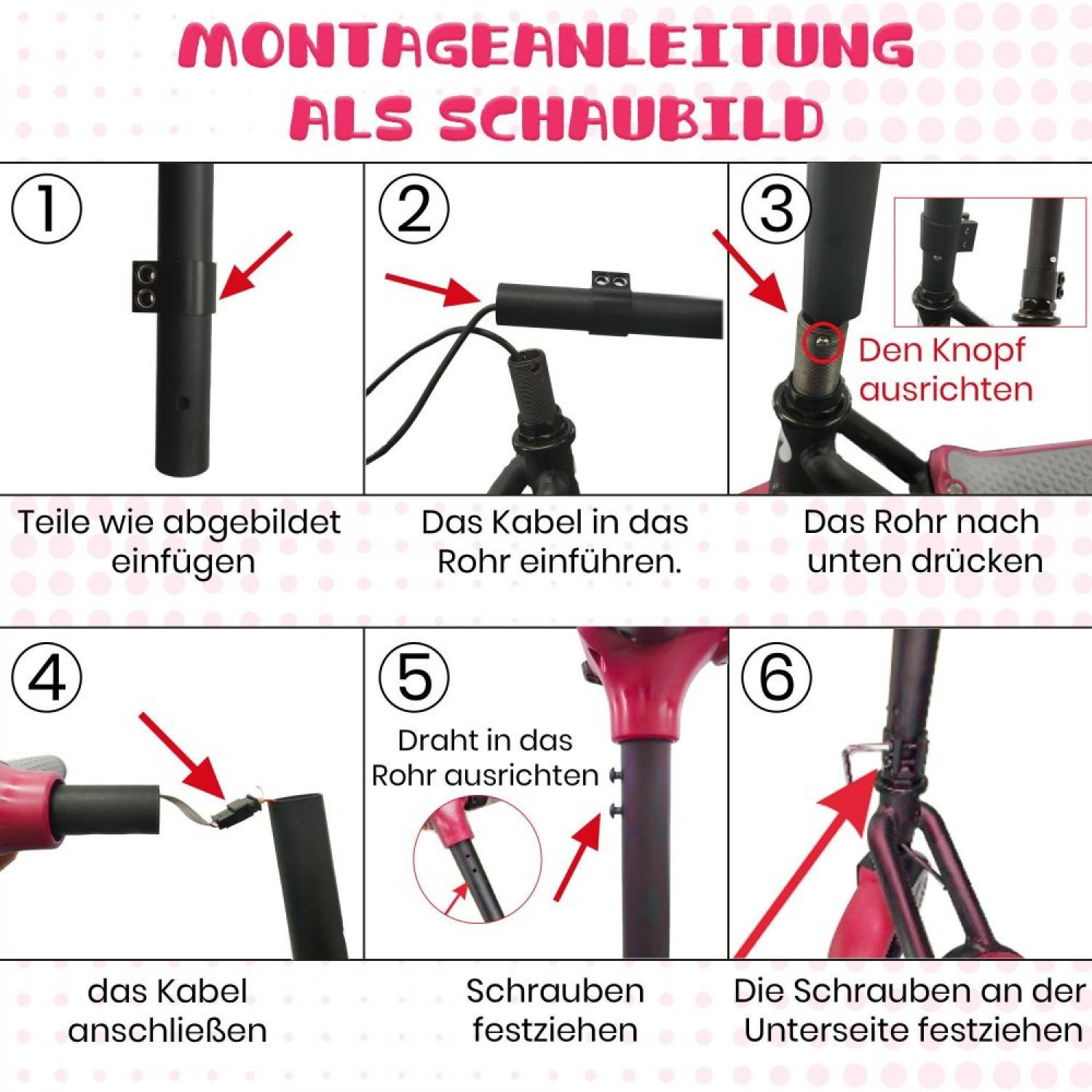 Montageanleitung: Teile einfügen, Kabel einführen, Rohr nach unten drücken, Kabel anschließen, Schrauben festziehen.