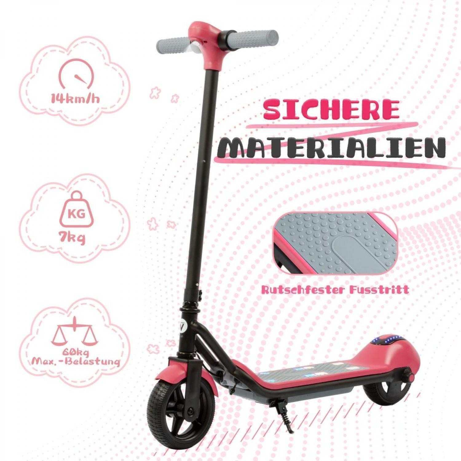 Ein rosafarbener Roller mit schwarzen Details, der 14 km/h, 7 kg und 60 kg zulässt.