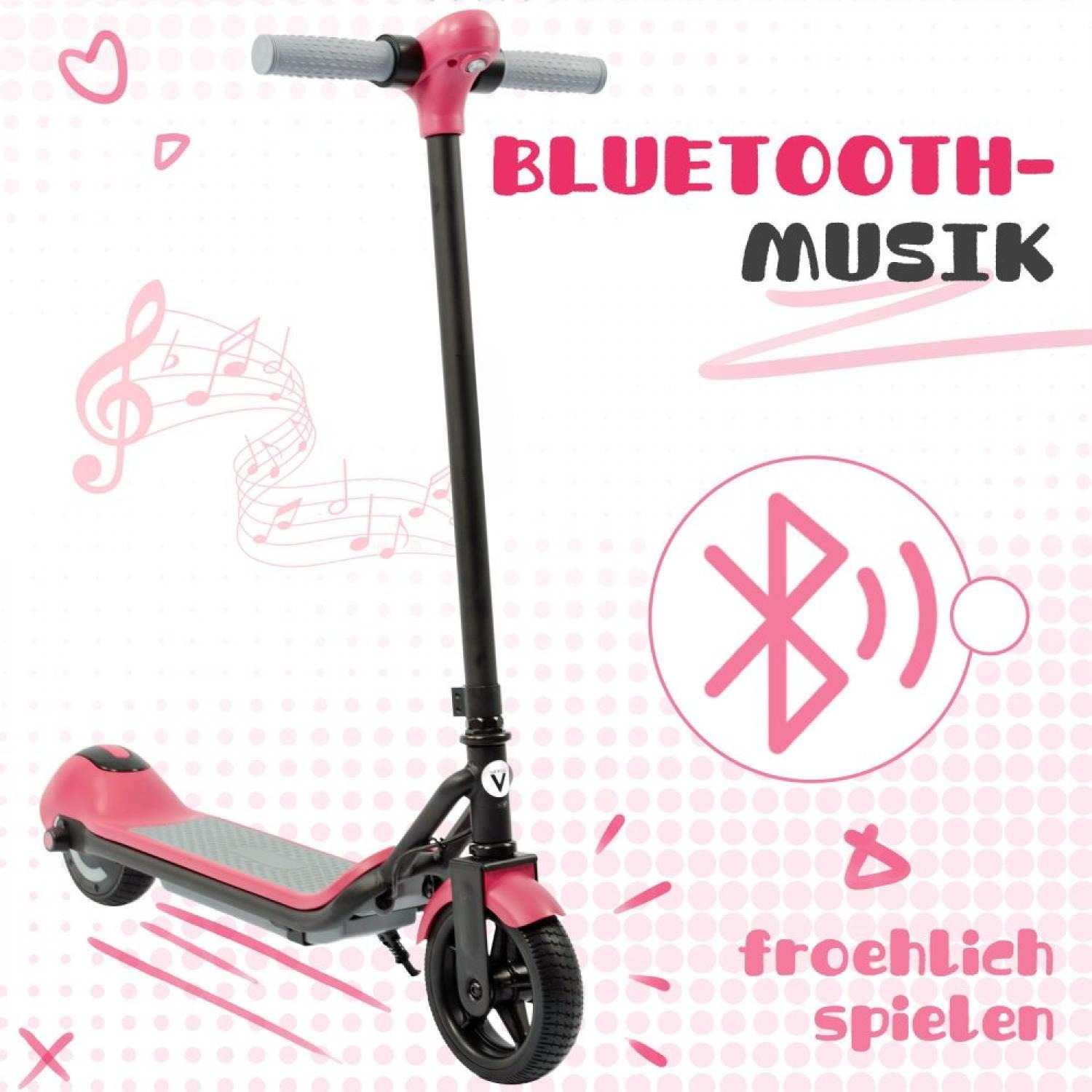 Ein pinkfarbener E-Scooter mit Bluetooth-Musik-Symbol und Noten.