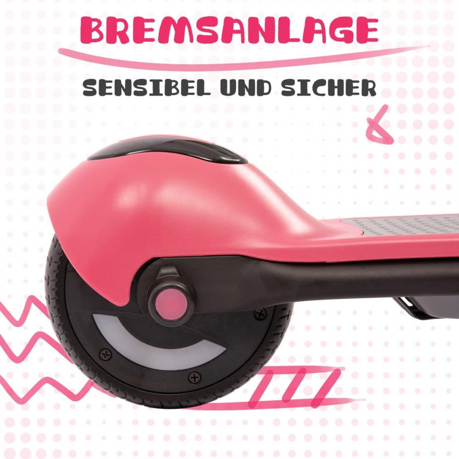 Rosa Elektroroller-Rad mit Bremsanlage und Text.