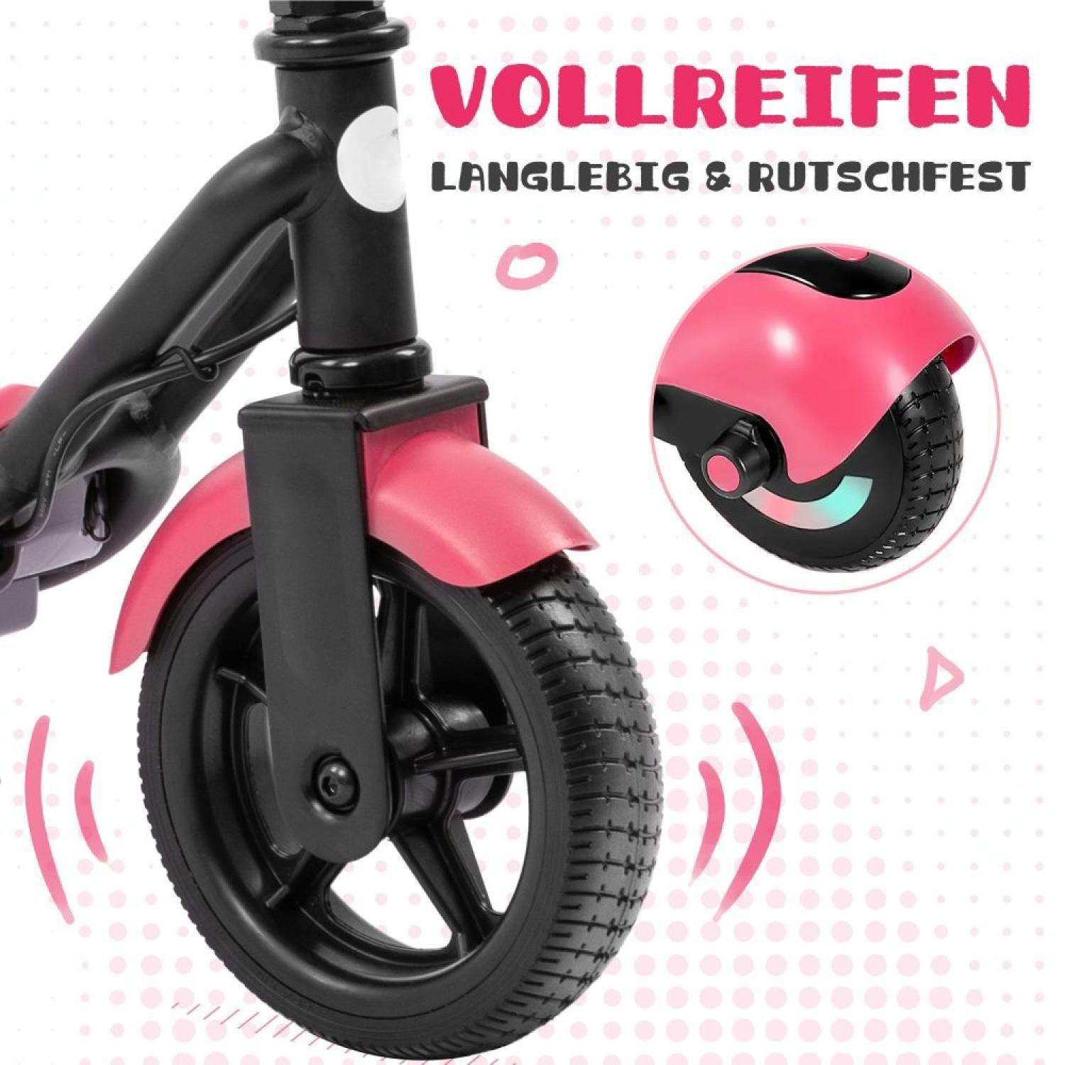 Rosa Roller Vorderreifen mit Text "Vollreifen" und Symbolen.