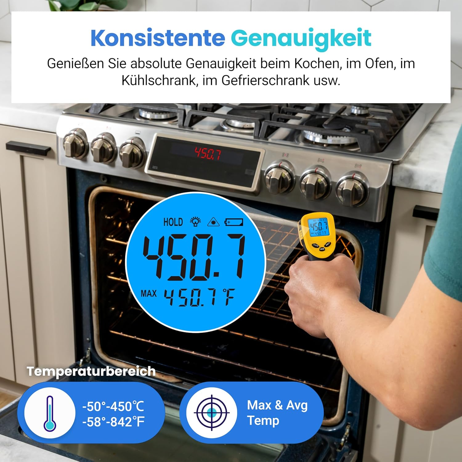 Ein Thermometer misst die Temperatur eines offenen Ofens. Die Anzeige zeigt 450.7°F.