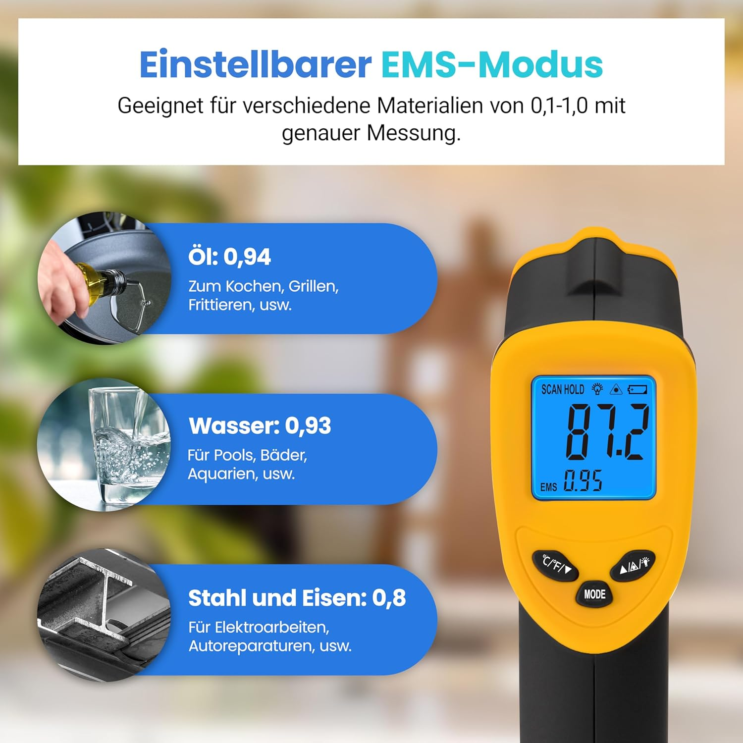 Ein gelbes und schwarzes Infrarot-Thermometer zeigt 87,2°C an.