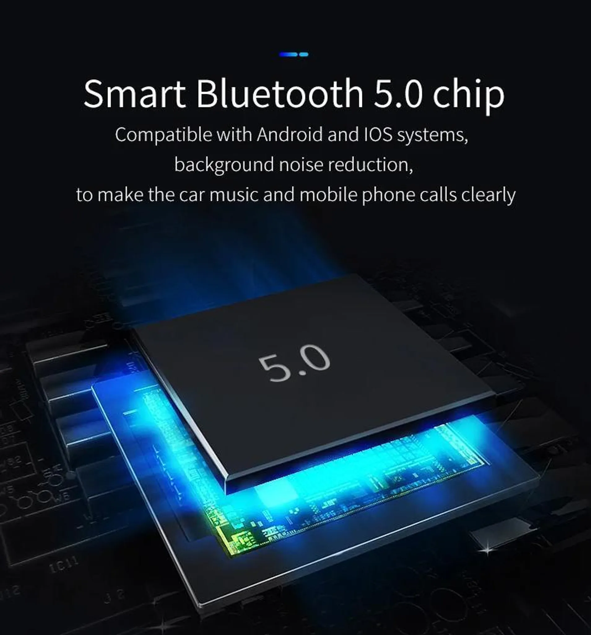 Ein schwarzer Bluetooth 5.0 Chip mit leuchtenden blauen Schaltkreisen darunter.