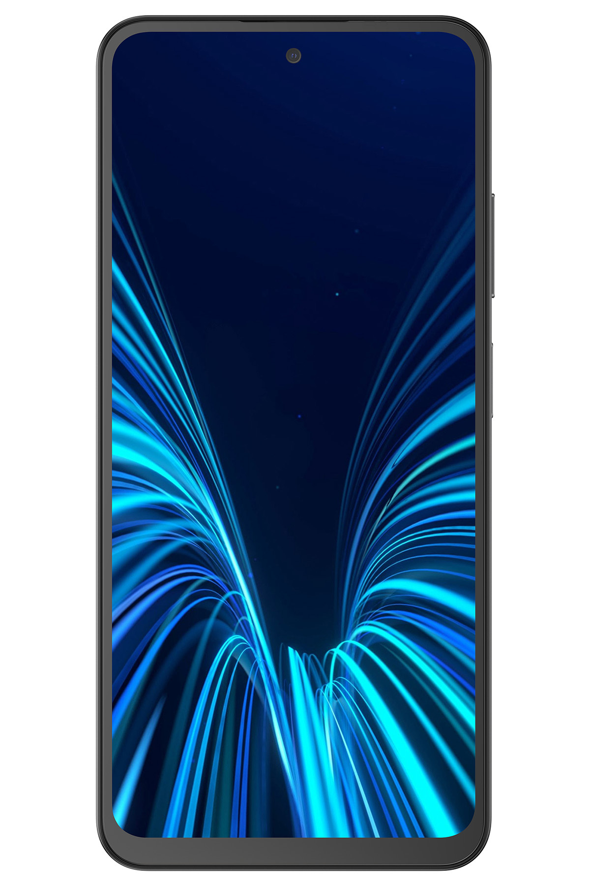 Bir akıllı telefon, içeriye doğru kıvrılan mavi ışık şeritleriyle karanlık bir arka plan gösterir.